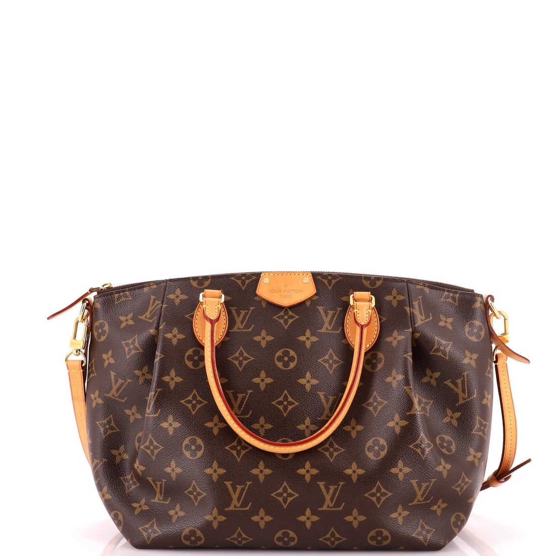 Handbag Monogram Canvas MM Louis Vuitton Turenne: Handbag Monogram Canvas MM Louis Vuitton Turenne Canvas Monogram Canvas MM Louis Vuitton Turenne handbag in brown exterior with burgundy interior, featuring gold hardware and minor scuffs on exterior