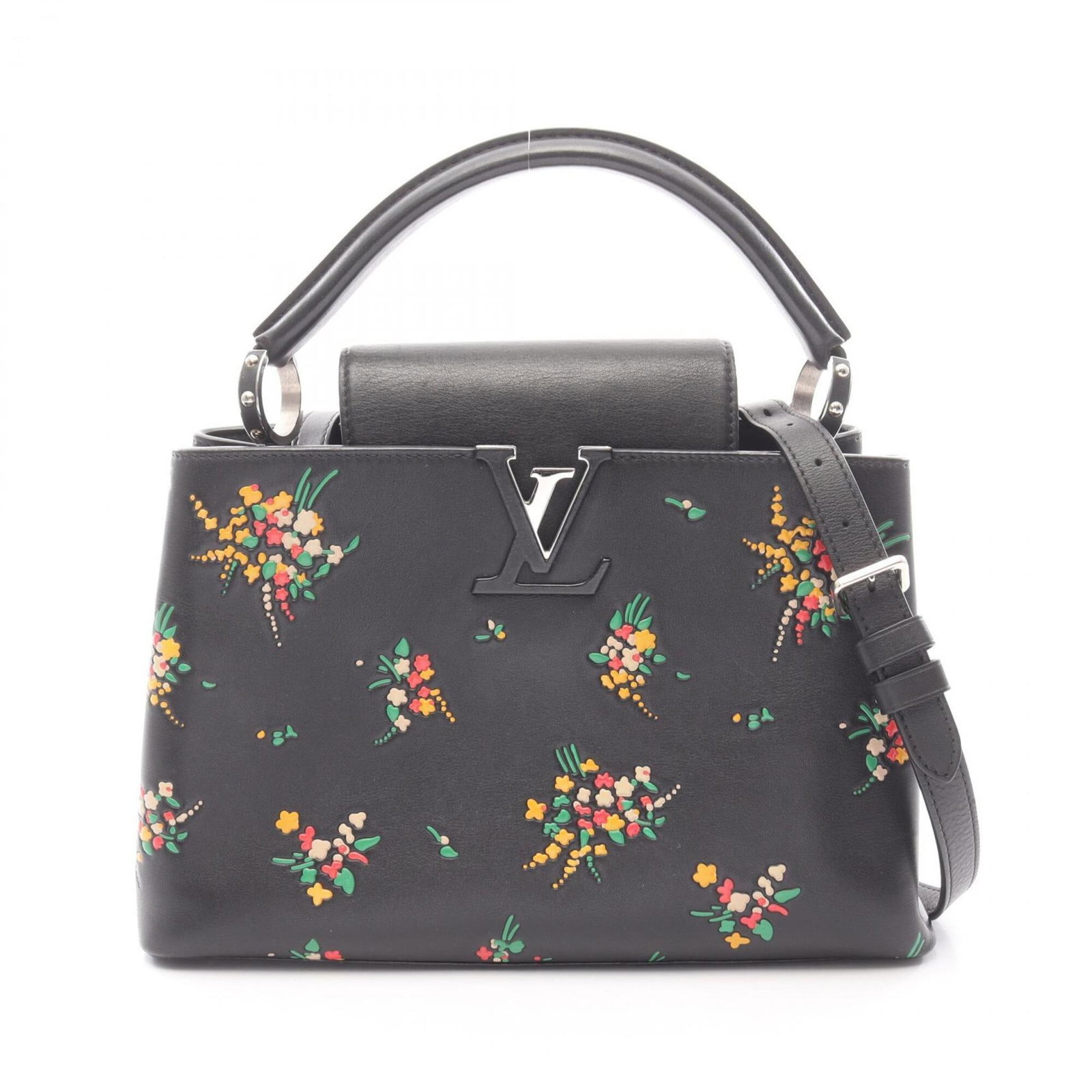 Handbag Leather Louis Vuitton: Handbag Leather Louis Vuitton Black, multi-color Louis Vuitton handbag made from leather, featuring a 20cm x 31cm x 11cm size and 37cm handle length. The bag's strap length ranges from 110cm to 120cm,