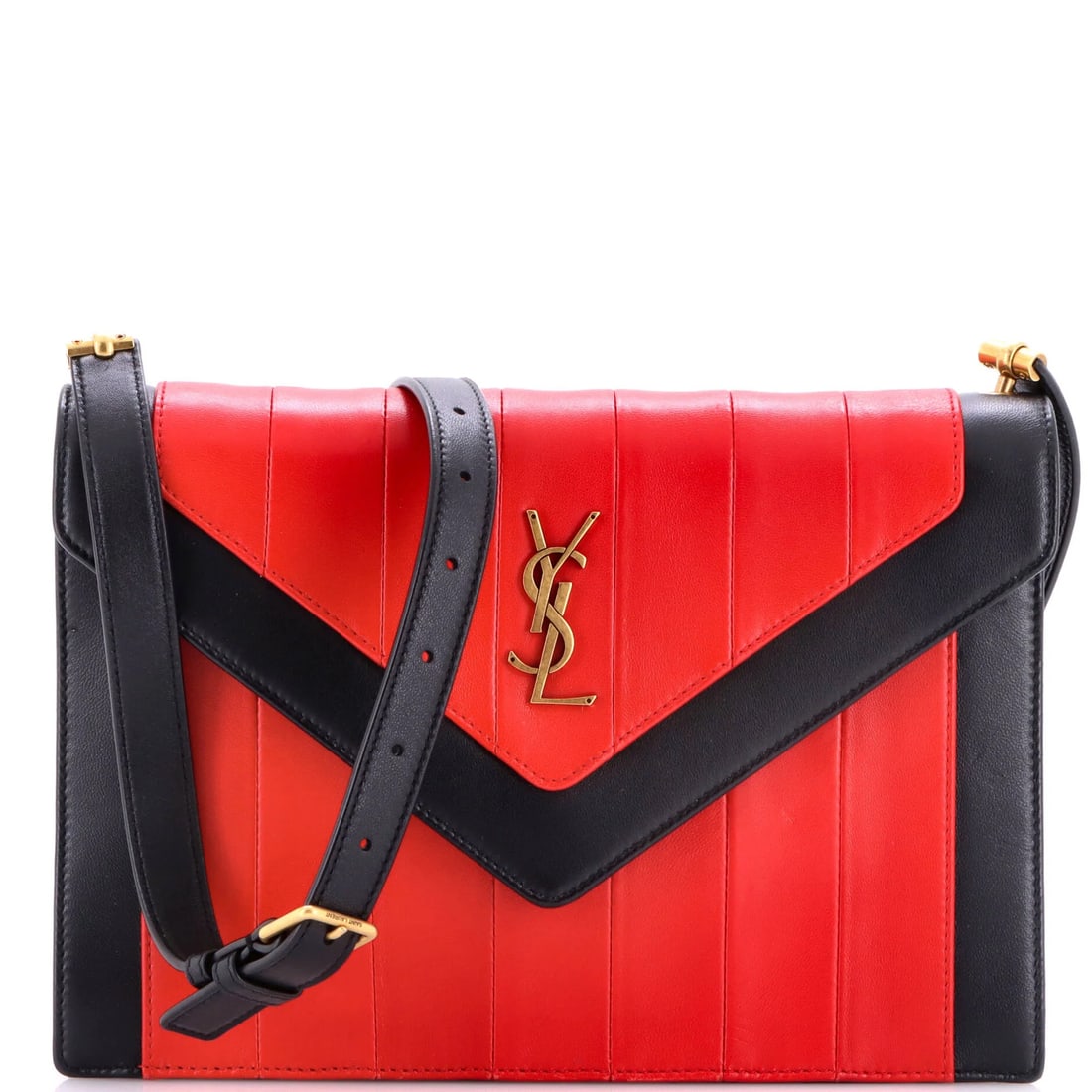 Vertical quilted leather Satchel Envelope Gaby Saint Laurent: Vertical quilted leather Satchel Envelope Gaby Saint Laurent The Gaby Envelope Satchel Vertical Quilted Leather is a striking shoulder bag with a bold red exterior and black interior, featuring a