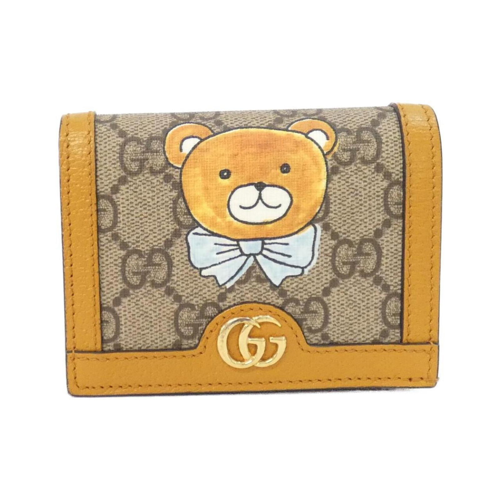 Supreme Canvas Leather Bi Fold Gucci Wallet: Supreme Canvas Leather Bi Fold Gucci Wallet GG Supreme canvas and leather bi-fold wallet from Gucci, featuring a classic design with a beige and mustard color combination. Made with high-quality mater