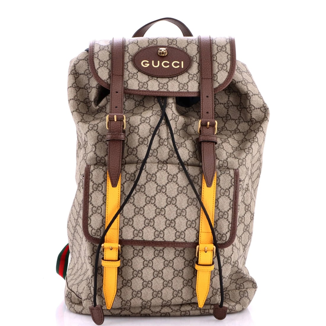 Gucci Courrier Soft Canvas Coated Large Backpack GG: Gucci Courrier Soft Canvas Coated Large Backpack GG Brown Gucci Courrier Soft Canvas Coated Large Backpack GG, featuring a classic design with a canvas coated exterior and gold hardware, measures 17"