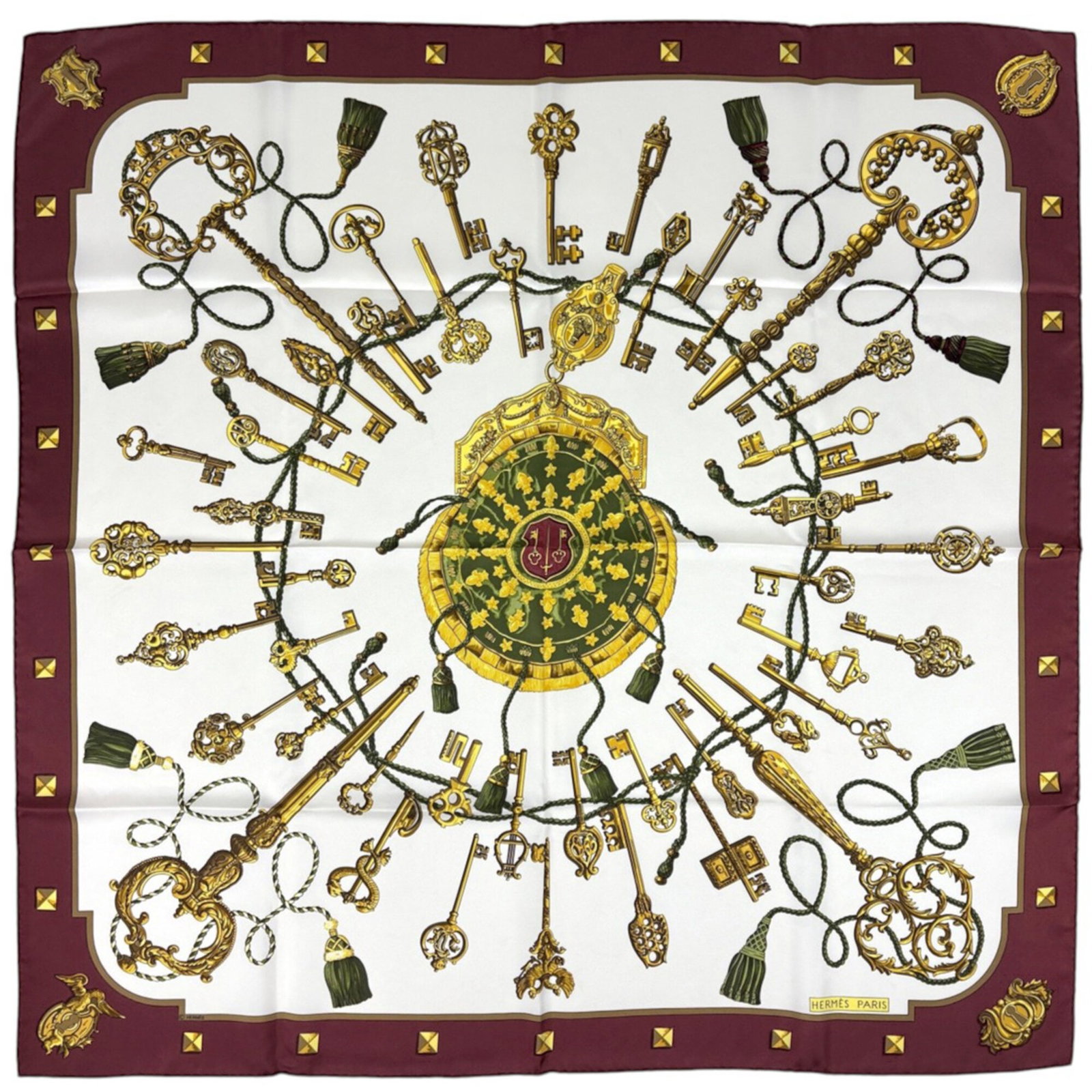 Silk Hermes Scarf: Silk Hermes Scarf Silk in ivory and multi-color hues, this 89cm x 88cm Hermes scarf boasts a striking design. Made from high-quality silk, it measures 35.03'' x 34.64''. The scarf bears a signature, a