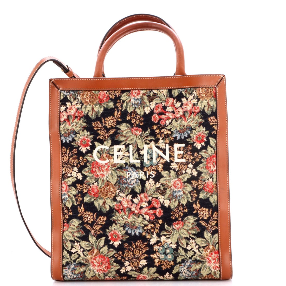 Cabas tote with small floral leather Celine Vertical: Cabas tote with small floral leather Celine Vertical Small Floral Leather Celine Vertical Cabas Tote. This small floral leather Celine Vertical Cabas Tote features a print design on the exterior,