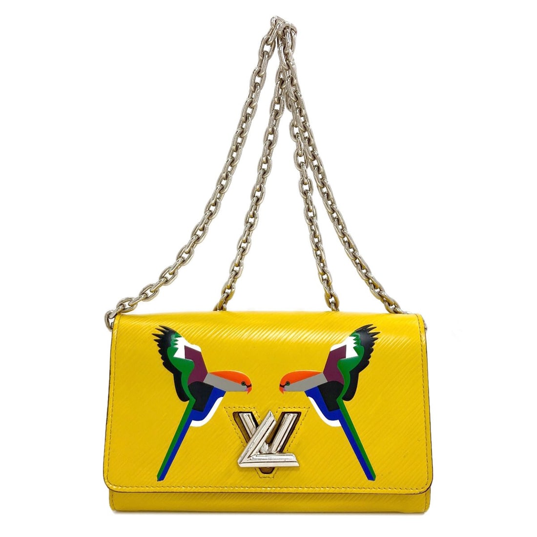 Twist Chain Wallet Epi Leather Shoulder Bag Louis Vuitton: Twist Chain Wallet Epi Leather Shoulder Bag Louis Vuitton Yellow Epi Leather Shoulder Bag with Turn Lock Closure, measuring 4.5 inches in height and 7.5 inches in width, features a signature and is