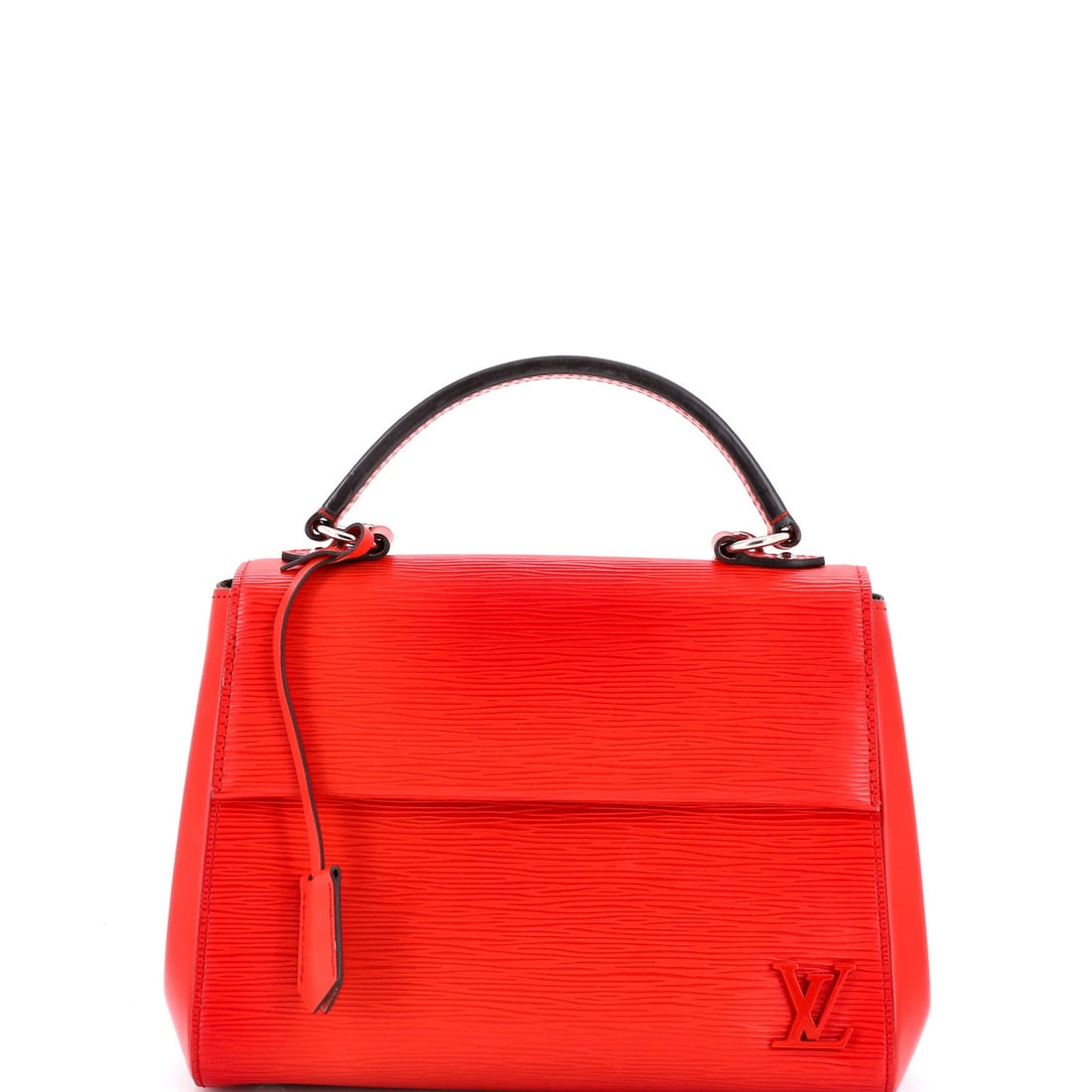 Louis Vuitton Cluny Top Handle Bag Epi Leather BB: Louis Vuitton Cluny Top Handle Bag Epi Leather BB Red Louis Vuitton Cluny Top Handle Bag Epi Leather BB, featuring a classic top handle design and scuffed exterior, measures 8" tall and 10" wide,