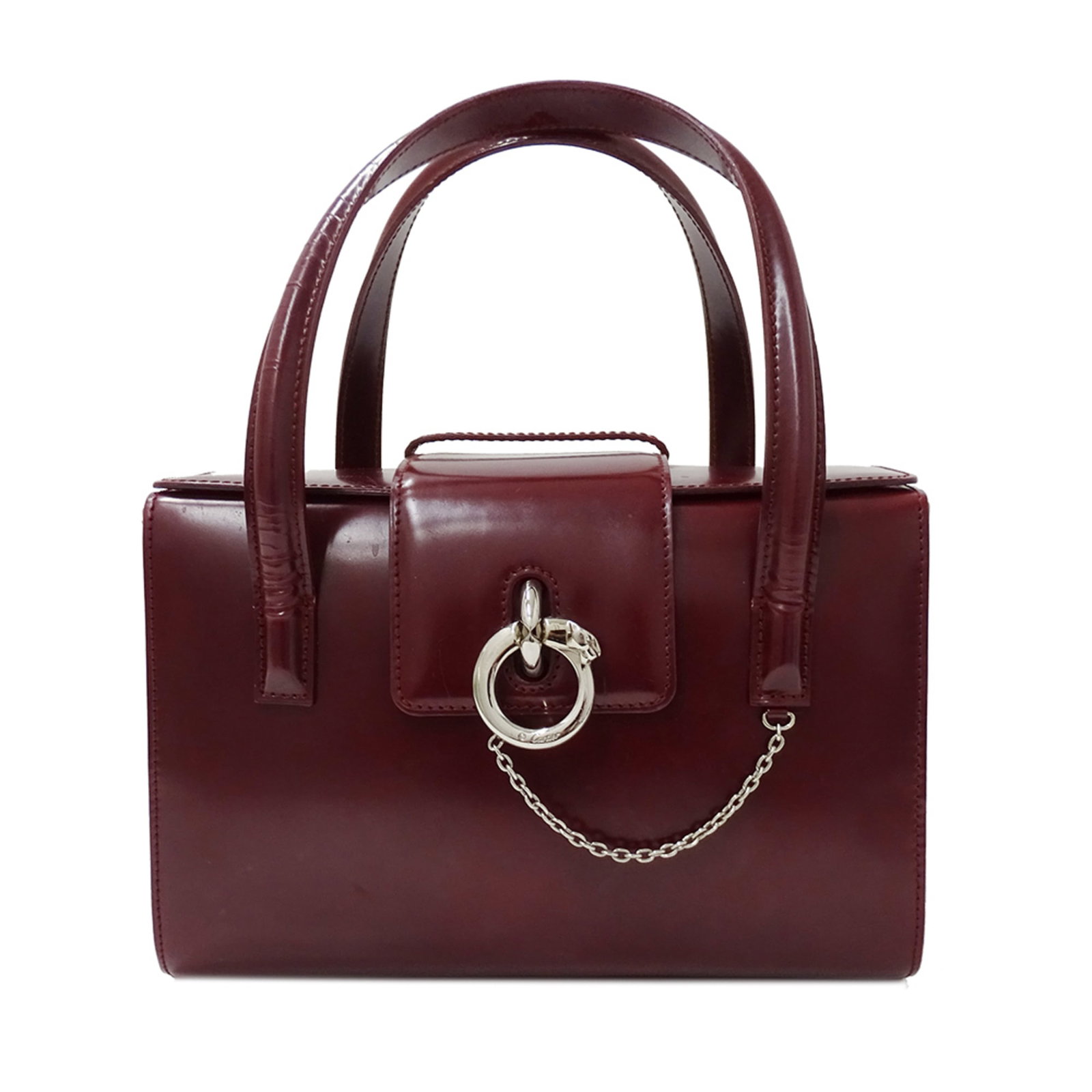 Patent Leather Handbag Cartier: Patent Leather Handbag Cartier Cartier's Patent Leather Handbag boasts a sleek Bordeaux color and striking design. Made from high-quality patent leather, this 17cm x 24.5cm x 8cm handbag features a si