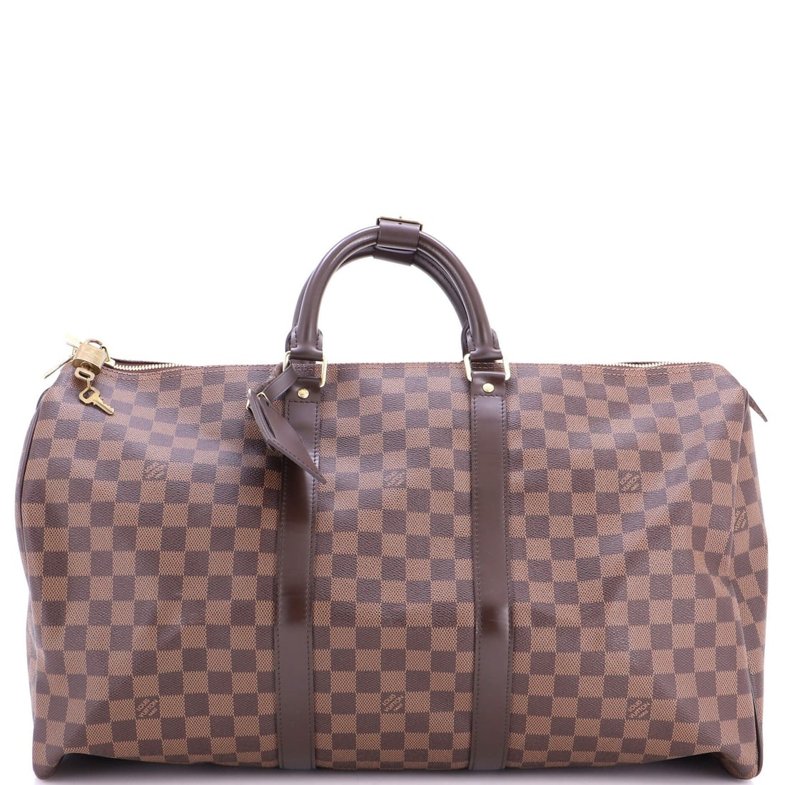 Vuitton Damier Louis 50 Keepall Bag: Vuitton Damier Louis 50 Keepall Bag Brown Louis Vuitton Damier 50 Keepall Bag with Poignet Keys and Gold Hardware. This classic canvas-coated duffle features a timeless Damier 50 pattern and gold