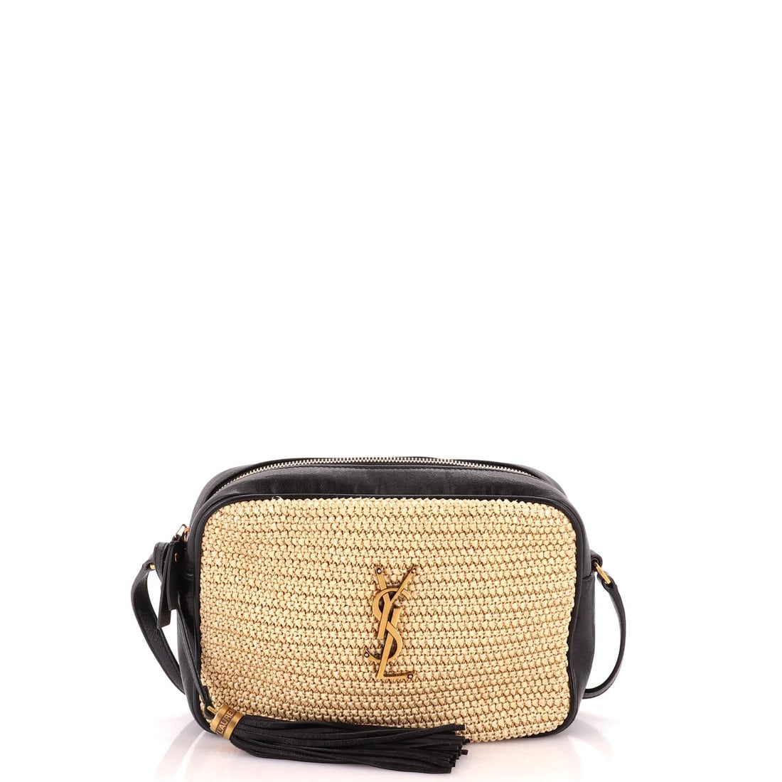 Saint Laurent Lou Camera Bag Woven Raffia Small: Saint Laurent Lou Camera Bag Woven Raffia Small Small Saint Laurent Lou Camera Bag in Woven Raffia, featuring a neutral exterior and black interior, with aged gold hardware and a classic cross-body