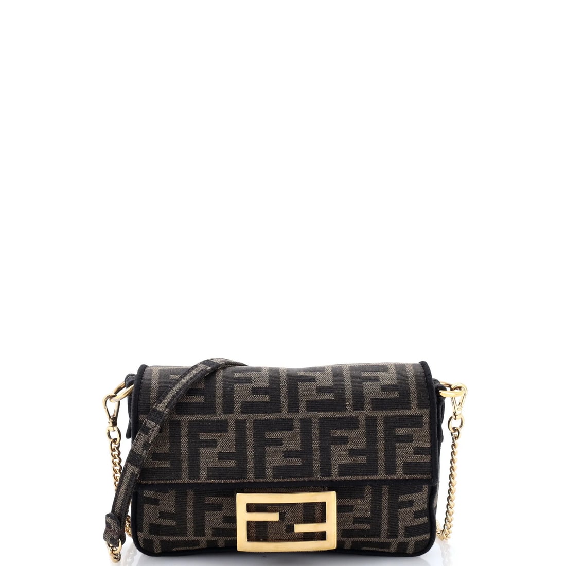 Fendi NM Bag Baguette Zucca Mini: Fendi NM Bag Baguette Zucca Mini The Fendi Baguette Zucca Mini is a stylish cross-body bag with a canvas exterior in a rich brown color. Measuring just 4.5" tall and 7" wide, this compact bag
