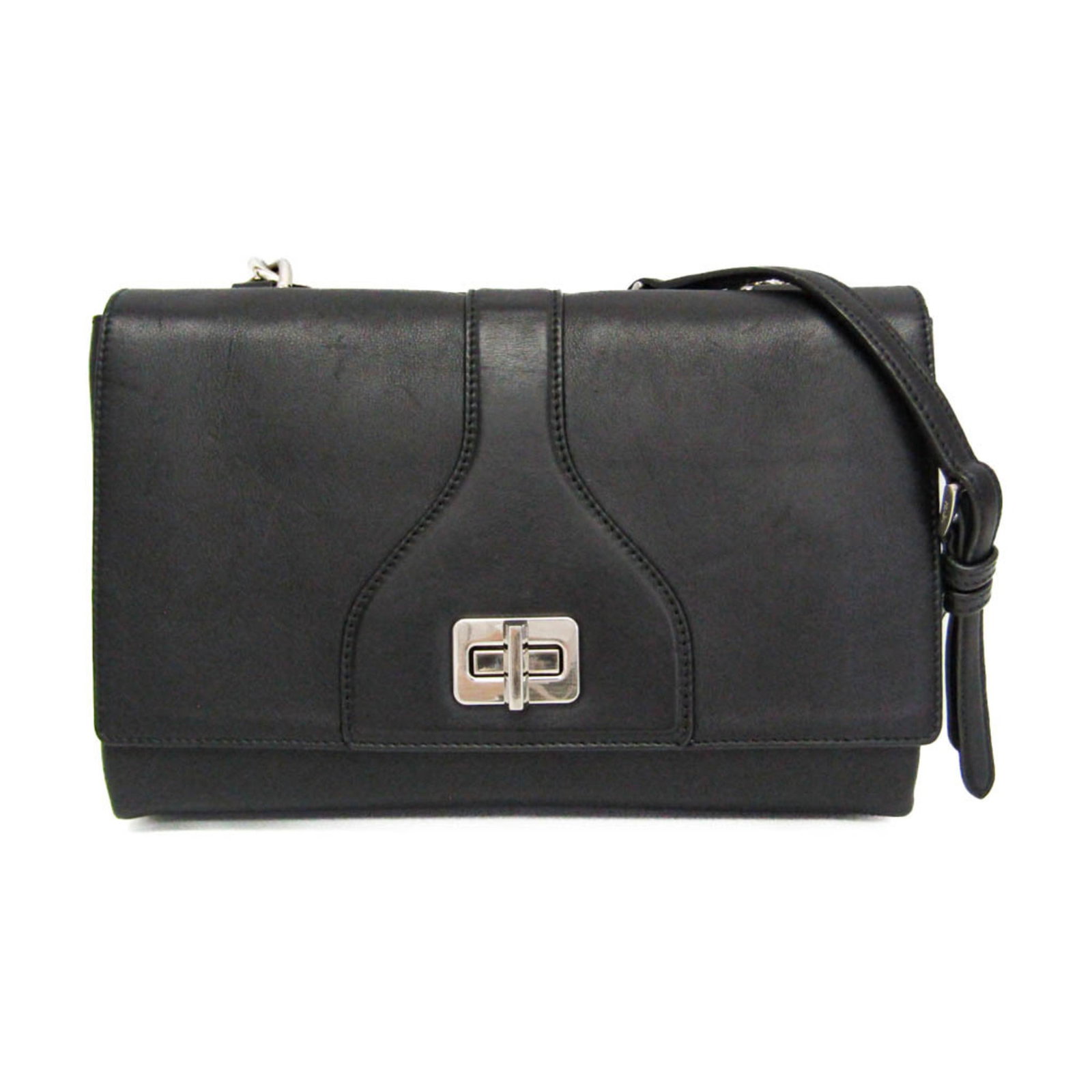 Shoulder Bag Leather Prada: Shoulder Bag Leather Prada Black leather shoulder bag with a sleek double flap chain closure, featuring a magnet lock and inner pocket for added convenience. Measuring 17cm x 25cm x 4.5cm, this
