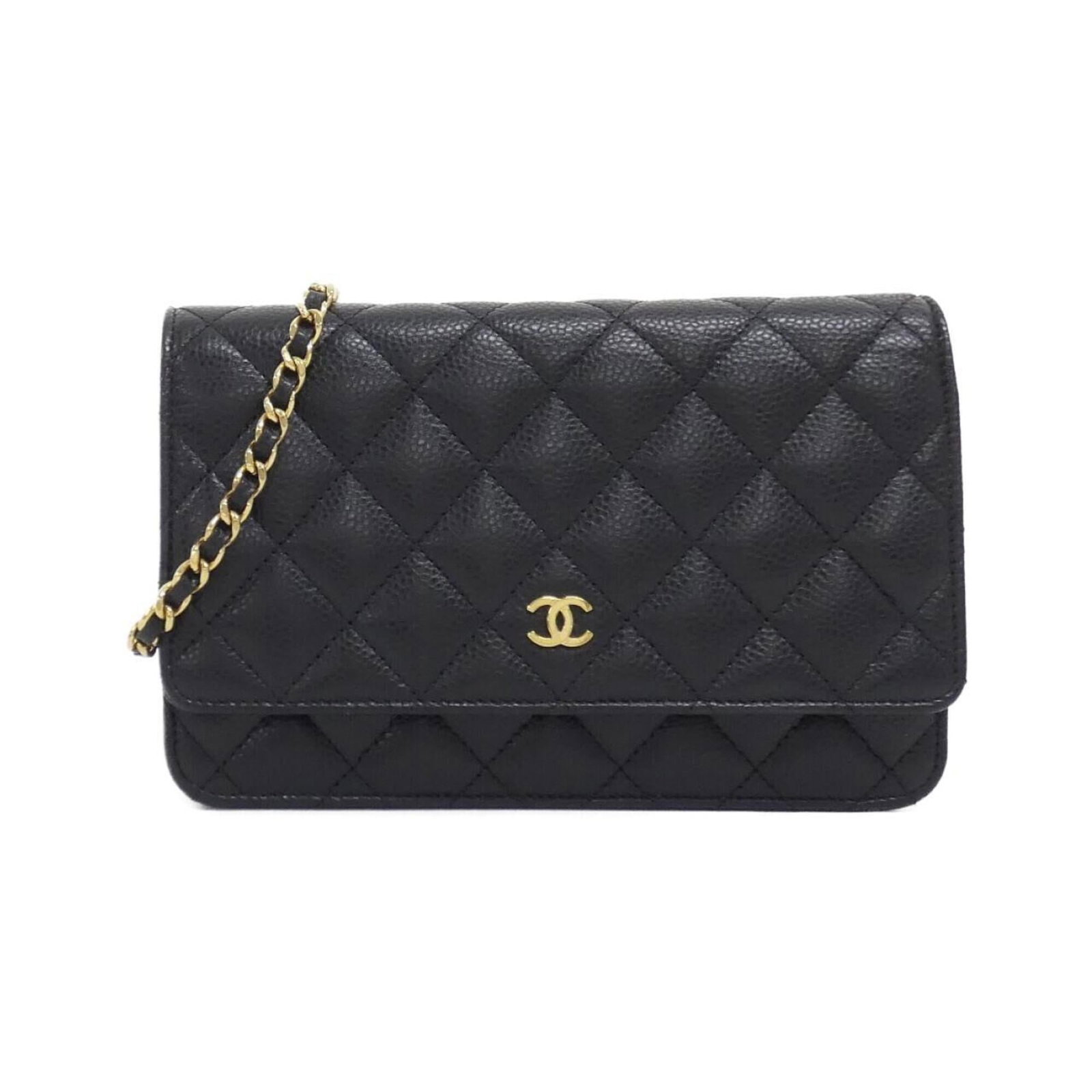 Chanel Chain/ Shoulder Wallet Grained Calfskin: Chanel Chain/ Shoulder Wallet Grained Calfskin Chain/Shoulder wallet in black grained calfskin, measuring 12cm x 19cm x 4cm. This Chanel design combines sleek functionality with classic style,