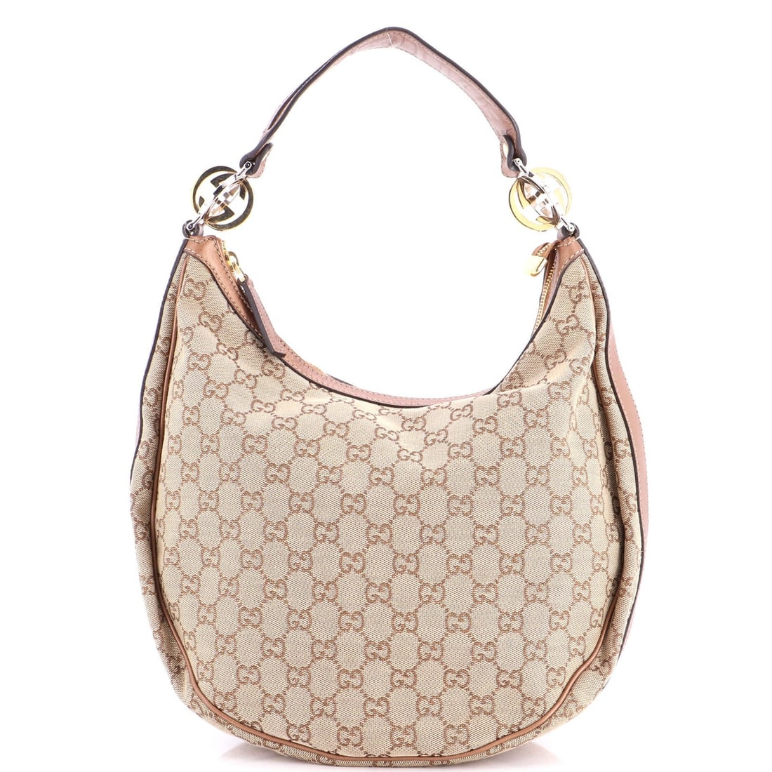 Hobo Gucci Twins Medium GG Canvas: Hobo Gucci Twins Medium GG Canvas Brown Hobo Gucci Twins Medium GG Canvas Bag with Gold and Silver Hardware, featuring a classic design with scuffs and minor creases on the exterior, and a moderate