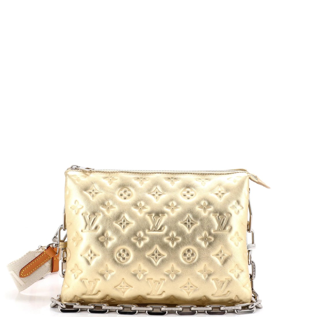 Lambskin Monogram Embossed Louis Vuitton Coussin Bag: Lambskin Monogram Embossed Louis Vuitton Coussin Bag Gold lambskin monogram embossed exterior, a classic Louis Vuitton design, adds a touch of luxury to this cross body bag. The PM model features a