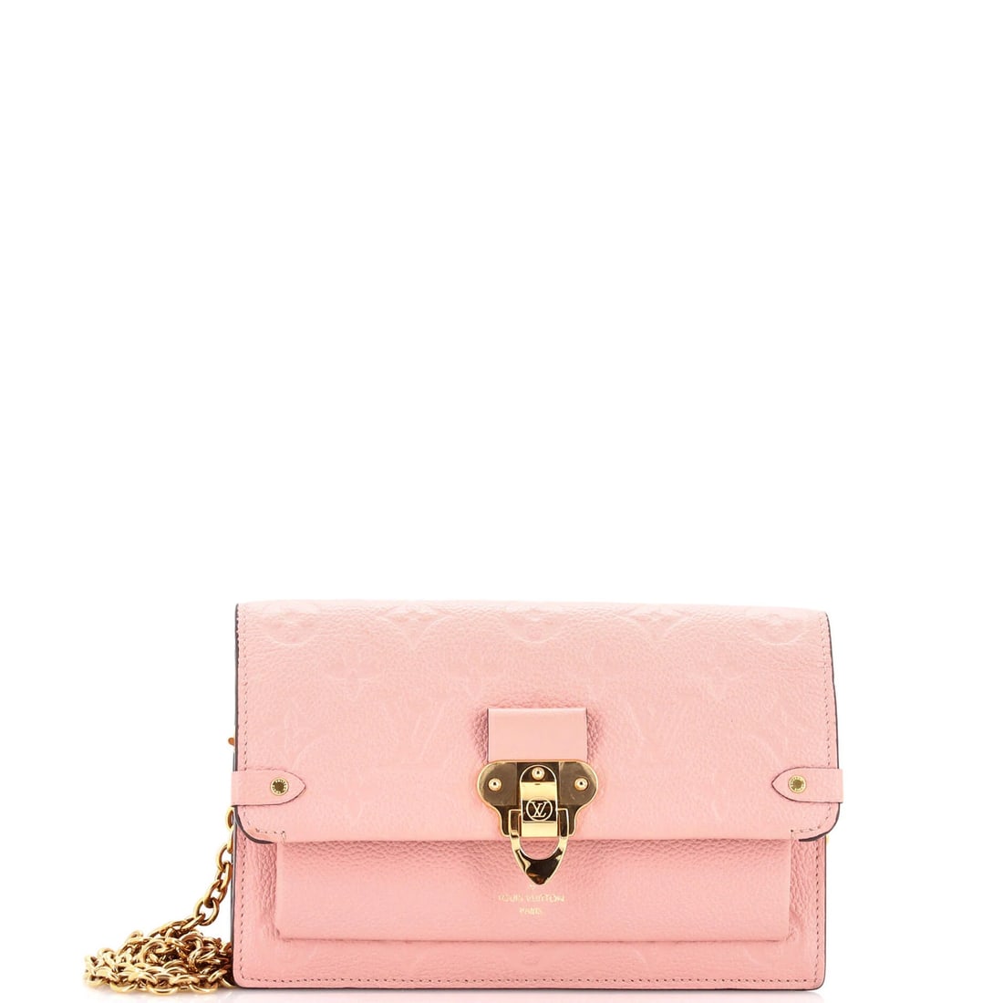 Vuitton Louis Chain Wallet Monogram Leather Empreinte Vavin NM: Vuitton Louis Chain Wallet Monogram Leather Empreinte Vavin NM Pink Louis Vuitton Vavin Chain Wallet Monogram Leather Empreinte features a classic cross body design with a 21" strap drop, measuring