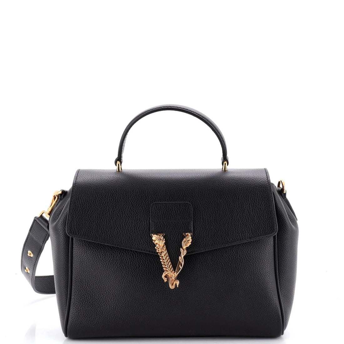 Virtus Convertible Medium Leather Top Bag Handle Versace: Virtus Convertible Medium Leather Top Bag Handle Versace Versace Virtus Convertible Medium Leather Top Handle Bag, featuring a sleek black leather exterior with gold hardware and a convertible top