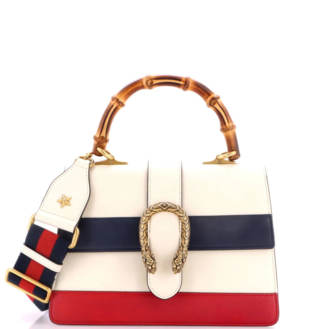 Colorblock leather medium bag Bamboo Top Handle Gucci: Colorblock leather medium bag Bamboo Top Handle Gucci Colorblock leather medium bag with a bamboo top handle from Gucci, featuring a unique multicolor exterior with navy blue, neutral, and red hues.