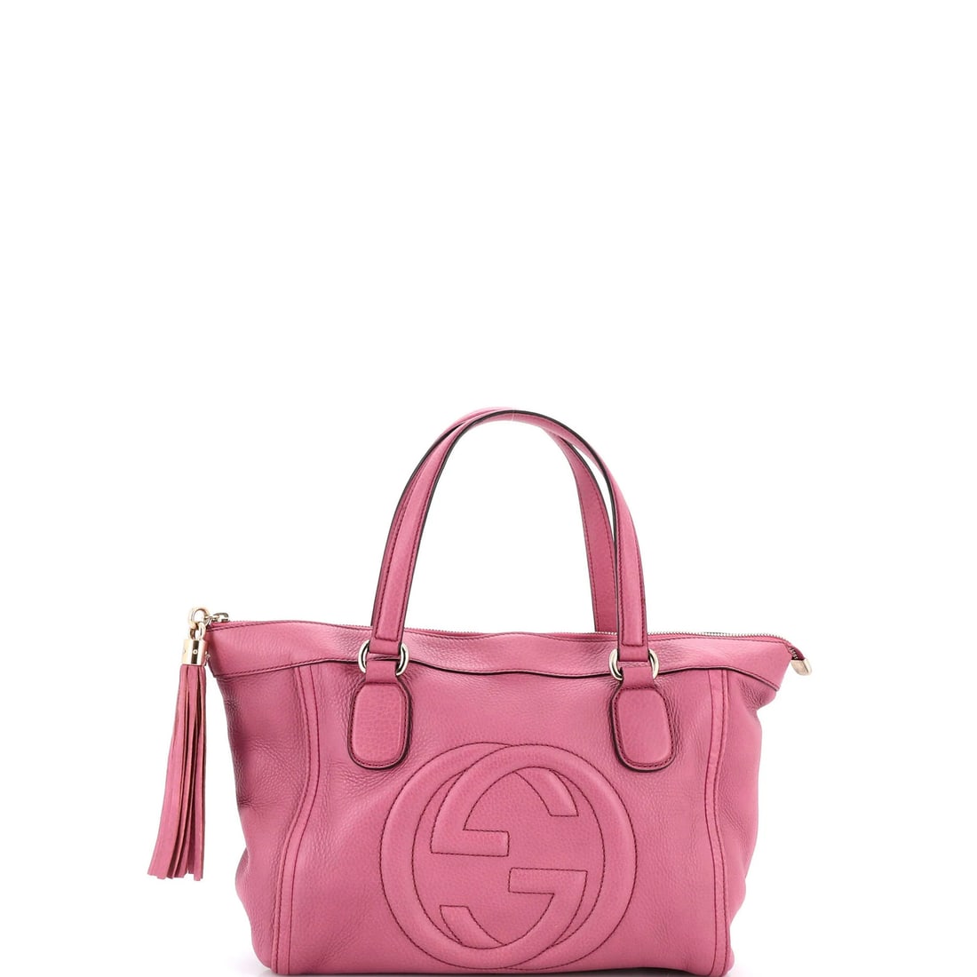 Small Leather Zip Soho Tote Gucci: Small Leather Zip Soho Tote Gucci Small Leather Zip Soho Tote Gucci in Pink, featuring a classic design with a gold tone zip closure, measures 9" high, 12" wide, and 4" deep, with a 20-22" strap