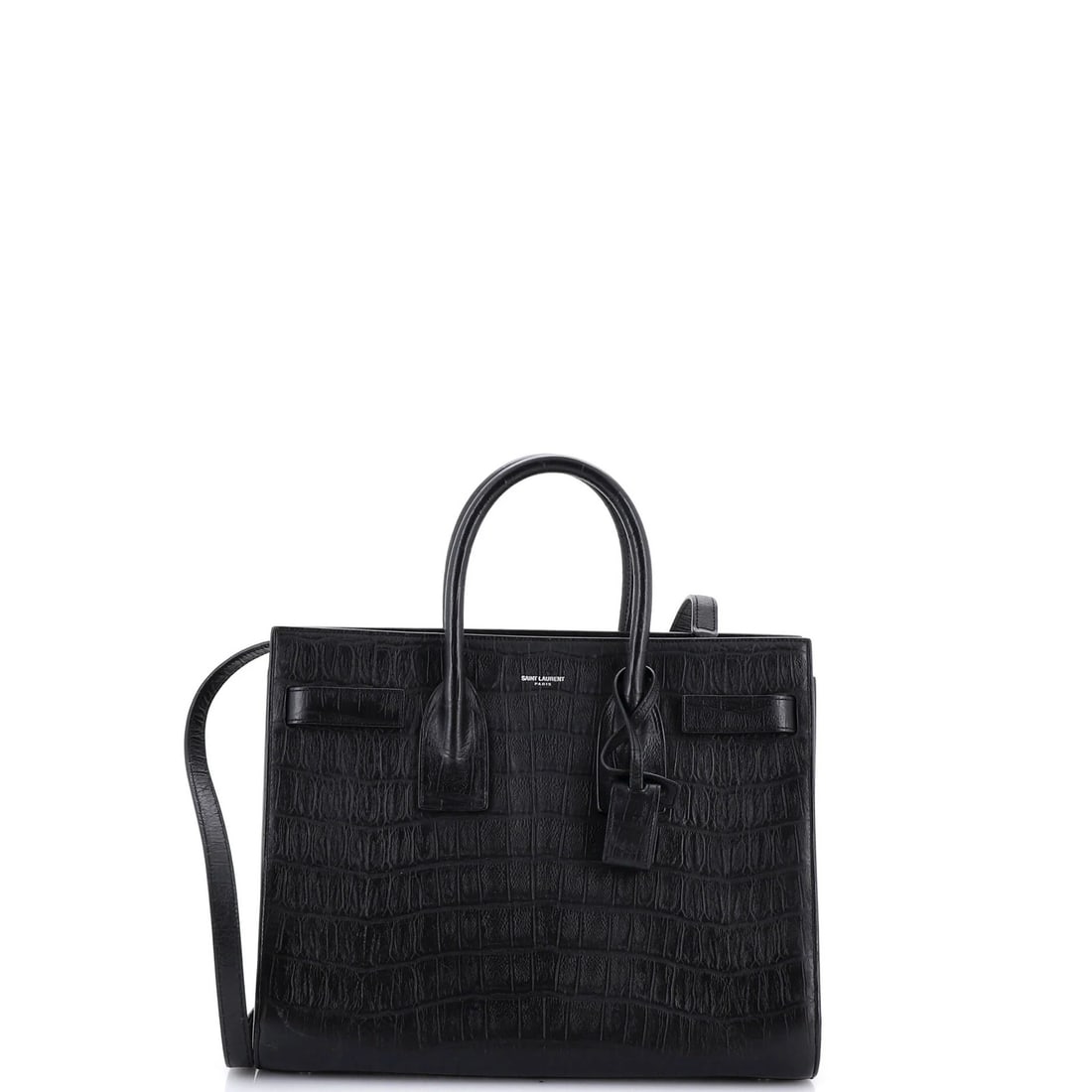 Sac de Jour Leather Small Crocodile Embossed NM Saint Laurent Bag: Sac de Jour Leather Small Crocodile Embossed NM Saint Laurent Bag Small Crocodile Embossed Leather Sac de Jour Satchel from Saint Laurent, featuring black exterior with scuffs and minor cracking, and