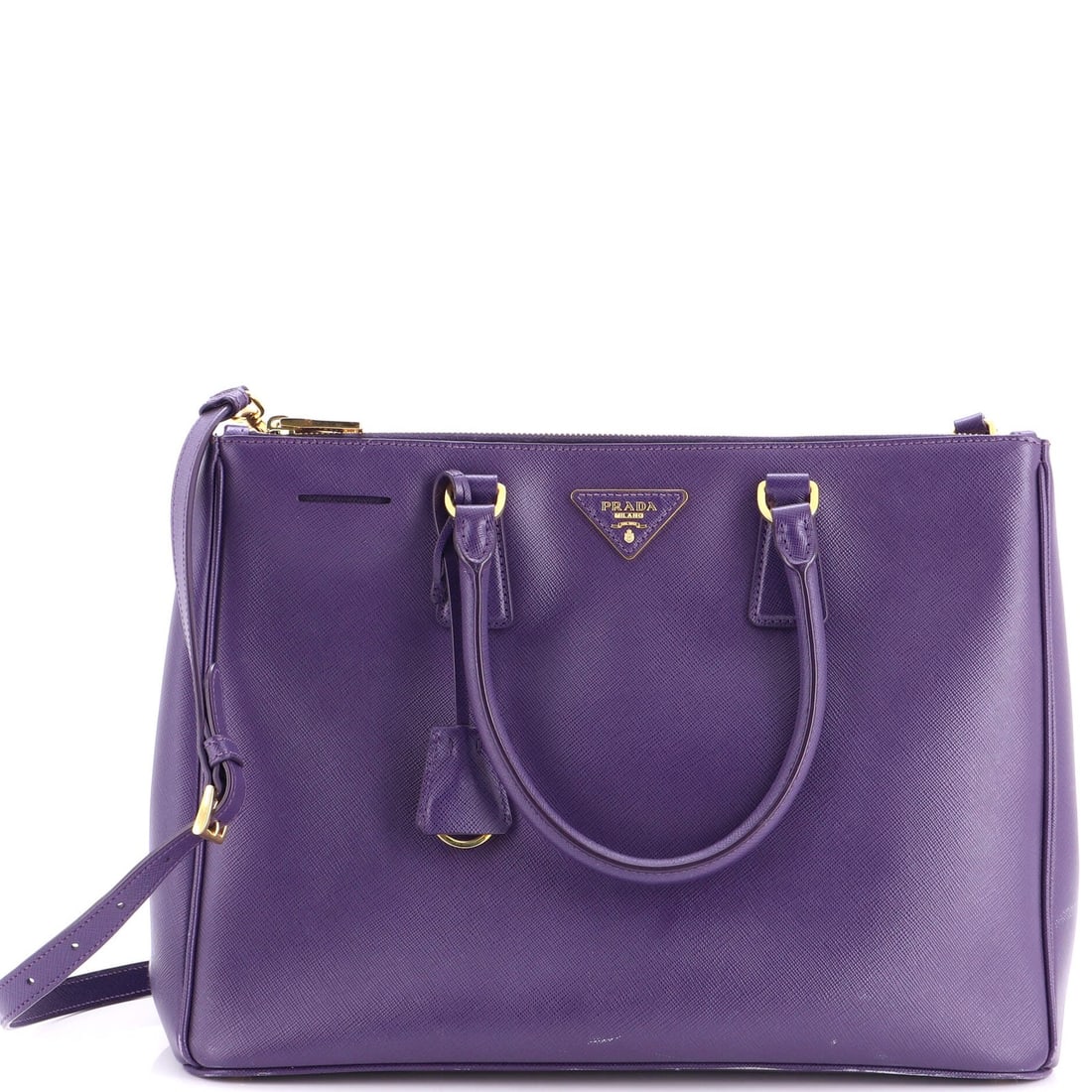 Saffiano Leather Double Tote Lux Prada Large: Saffiano Leather Double Tote Lux Prada Large Saffiano Leather Double Zip Lux Prada Large Tote features a striking purple exterior with heavy corner wear, scuffs, stains, cracking, edge wear, and disco