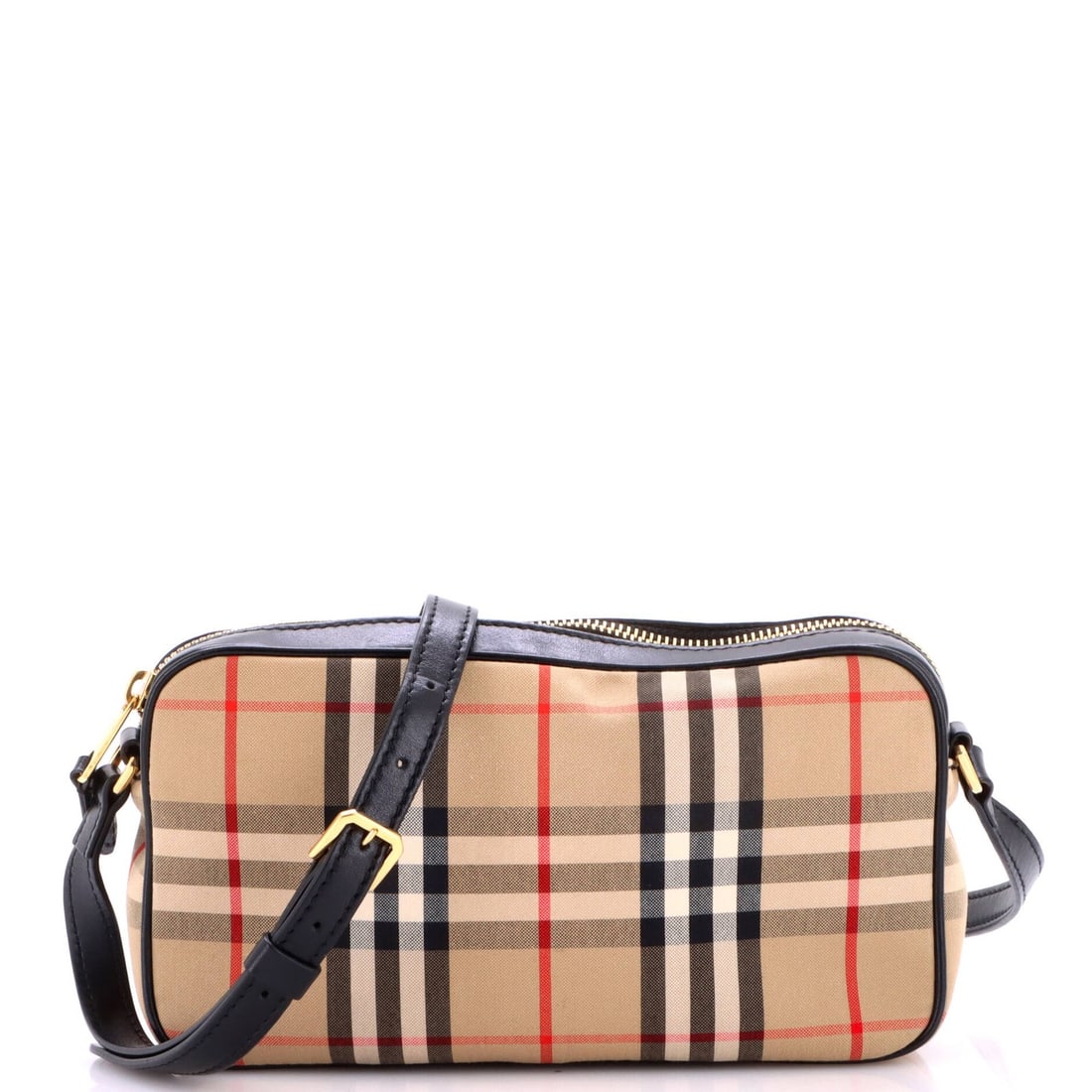 Vintage Canvas Check Small Crossbody Bag Burberry Camera: Vintage Canvas Check Small Crossbody Bag Burberry Camera Black canvas and leather crossbody bag with a vintage Burberry camera design, featuring a small size and adjustable strap drop of 18-20". This