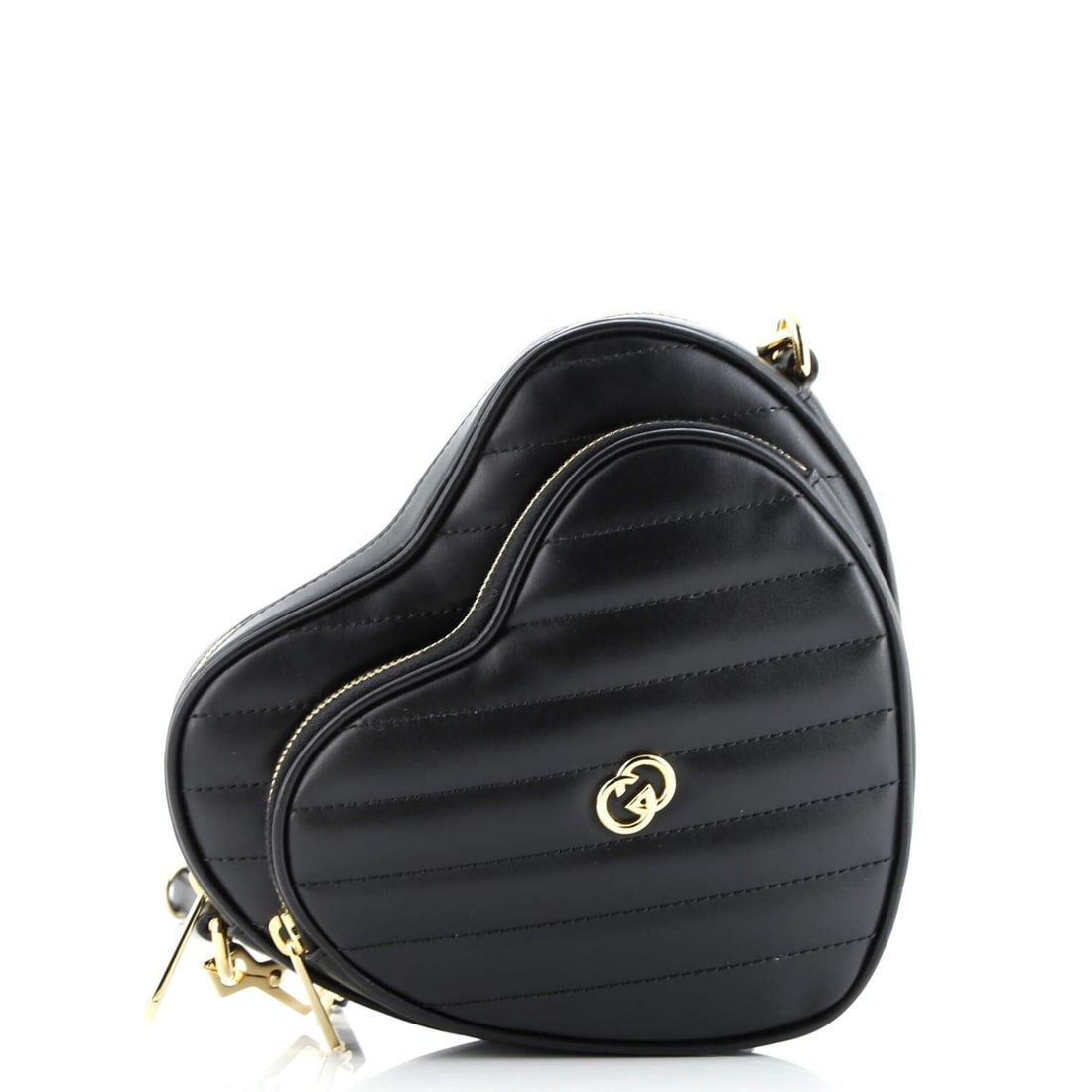 Interlocking G Heart Leather Quilted Bag Shoulder Mini Diagonal Gucci: Interlocking G Heart Leather Quilted Bag Shoulder Mini Diagonal Gucci Black Interlocking G Heart Leather Quilted Mini Gucci Shoulder Bag with Gold Hardware, featuring a diagonal quilted design and