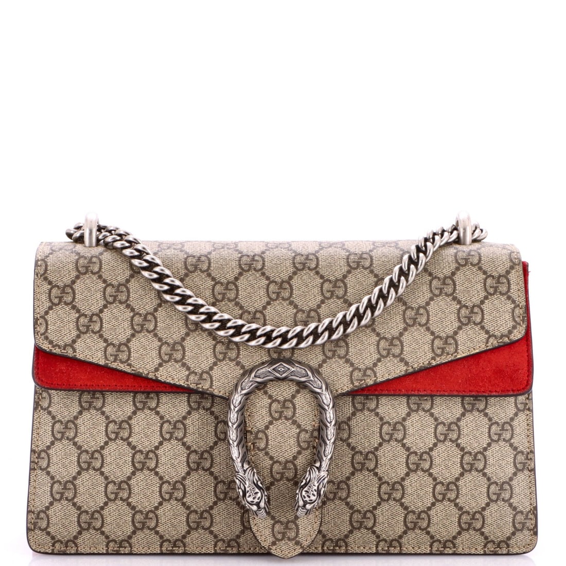 Small coated canvas bag GG Gucci Dionysus: Small coated canvas bag GG Gucci Dionysus Small coated canvas bag with a distinctive Dionysus style, featuring a red exterior with brown and red accents. The bag's exterior shows signs of wear, includ