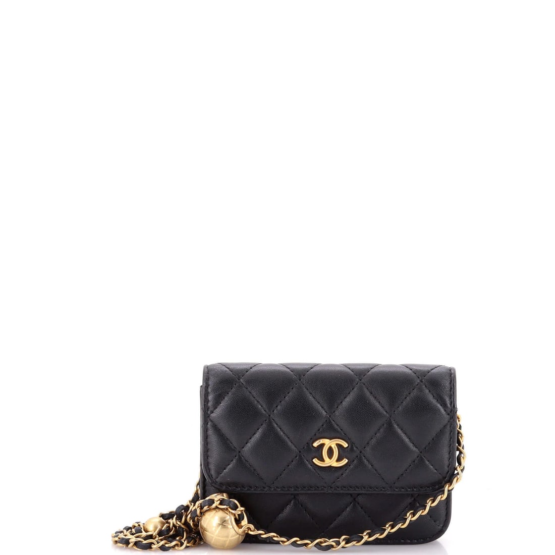 Pearl Crush Flap Clutch with Chain Quilted Lambskin: Pearl Crush Flap Clutch with Chain Quilted Lambskin Black Pearl Crush Flap Clutch with Chain Quilted Lambskin features a sleek design, measuring 3.5" in height, 4.5" in width, and 1" in depth. The