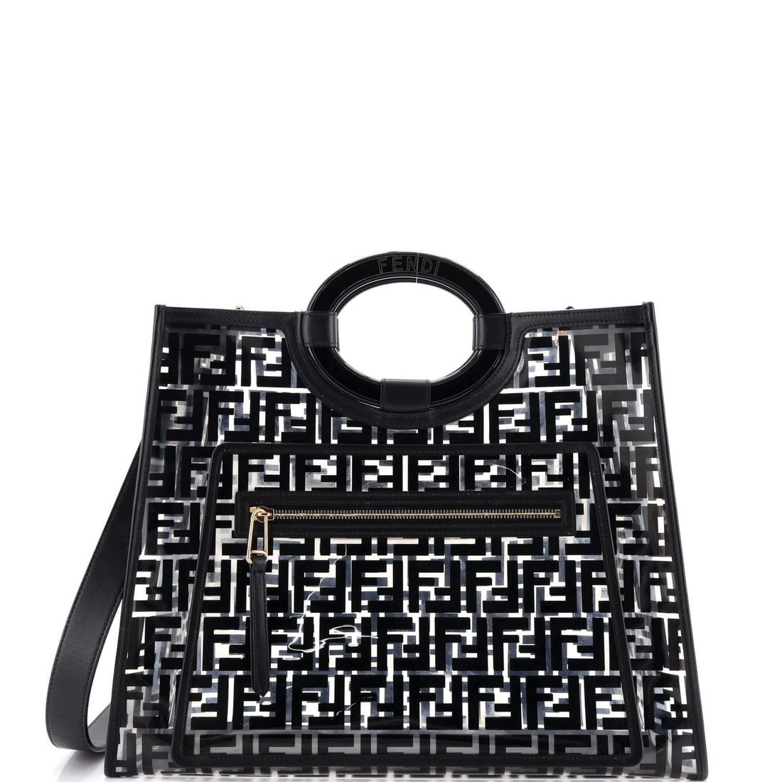 Fendi shopper tote medium PU Zucca: Fendi shopper tote medium PU Zucca Black Fendi shopper tote with medium size and PU Zucca exterior, featuring a classic design with gold hardware. The exterior shows signs of wear, including heavy