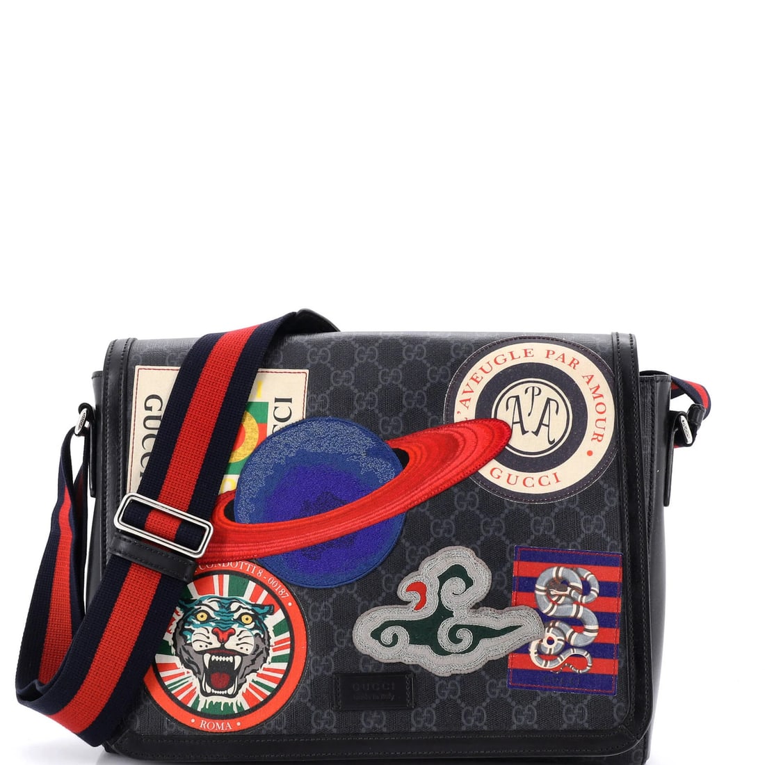 Flap Messenger GG Coated Canvas with Applique Large Night: Flap Messenger GG Coated Canvas with Applique Large Night Black Gucci GG Coated Canvas Flap Messenger Bag with Applique Large Night Design, measuring 10" high, 13" wide, and 4" deep, features a heavy