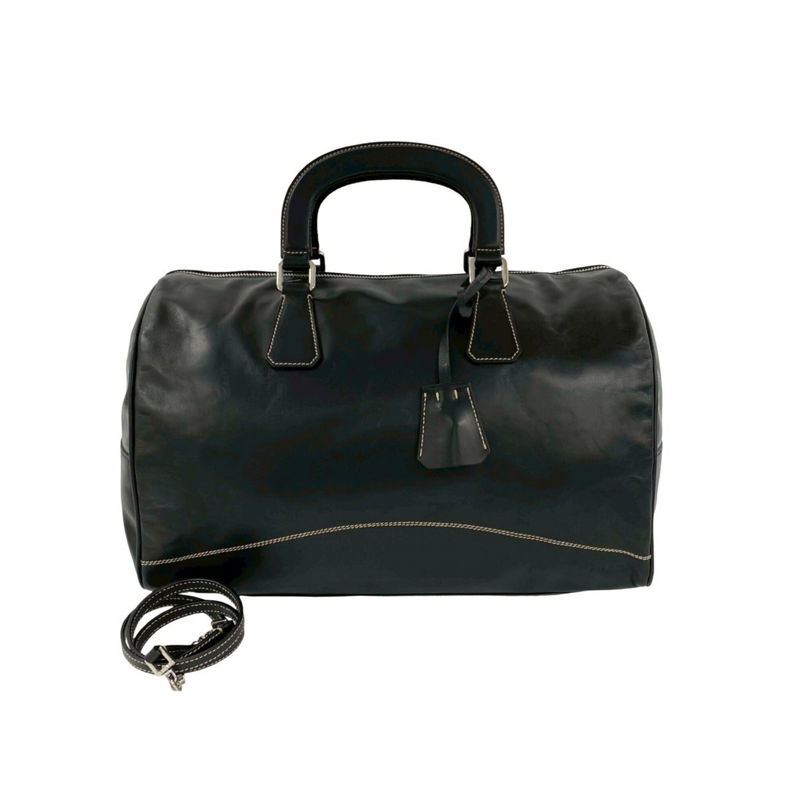 Boston Handbag Leather Bag Shoulder Bag: Boston Handbag Leather Bag Shoulder Bag The Prada Boston Handbag Leather Bag is a sleek and sophisticated shoulder bag, crafted from high-quality black leather. Measuring 21cm x 35cm x 19cm, it