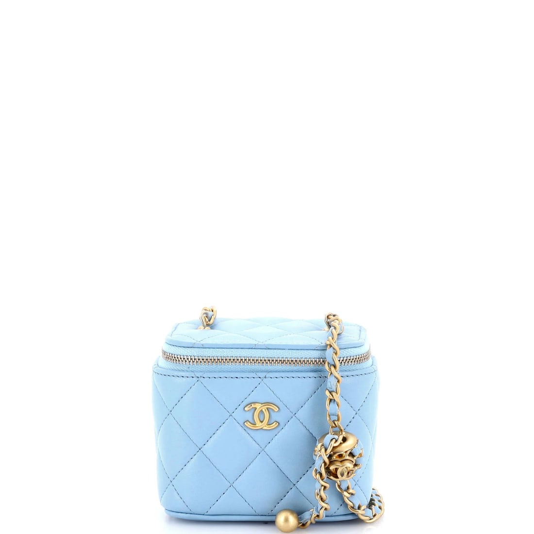 Chanel Pearl Crush Vanity Case with Chain Quilted Lambskin Mini: Chanel Pearl Crush Vanity Case with Chain Quilted Lambskin Mini The Pearl Crush Vanity Case with Chain Quilted Lambskin Mini from Chanel boasts a stunning blue exterior with a touch of aged gold
