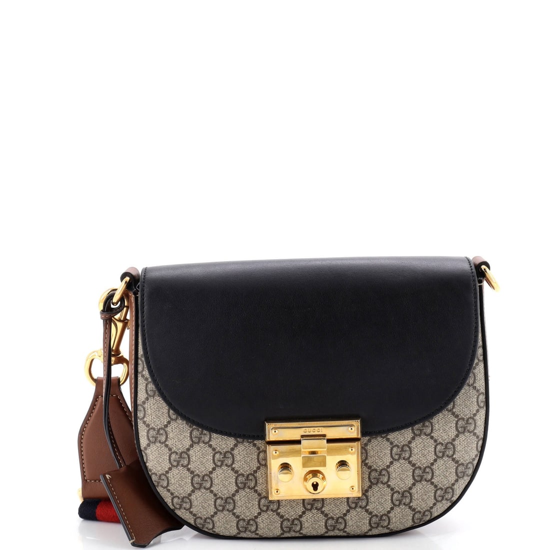 Gucci GG Medium Canvas Leather Coated Saddle Padlock Shoulder Bag: Gucci GG Medium Canvas Leather Coated Saddle Padlock Shoulder Bag The Gucci GG Medium Canvas Leather Coated Saddle Padlock Shoulder Bag boasts a stylish cross body design with a medium size and a