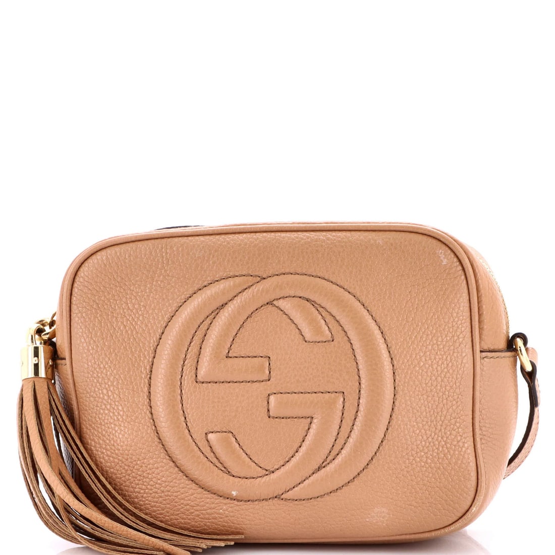Small Leather Crossbody Disco Soho Gucci Bag: Small Leather Crossbody Disco Soho Gucci Bag Small Leather Crossbody Disco Soho Gucci Bag in Brown Leather with Gold Tone Hardware, featuring a neutral interior and scuffs on the exterior. Measuring