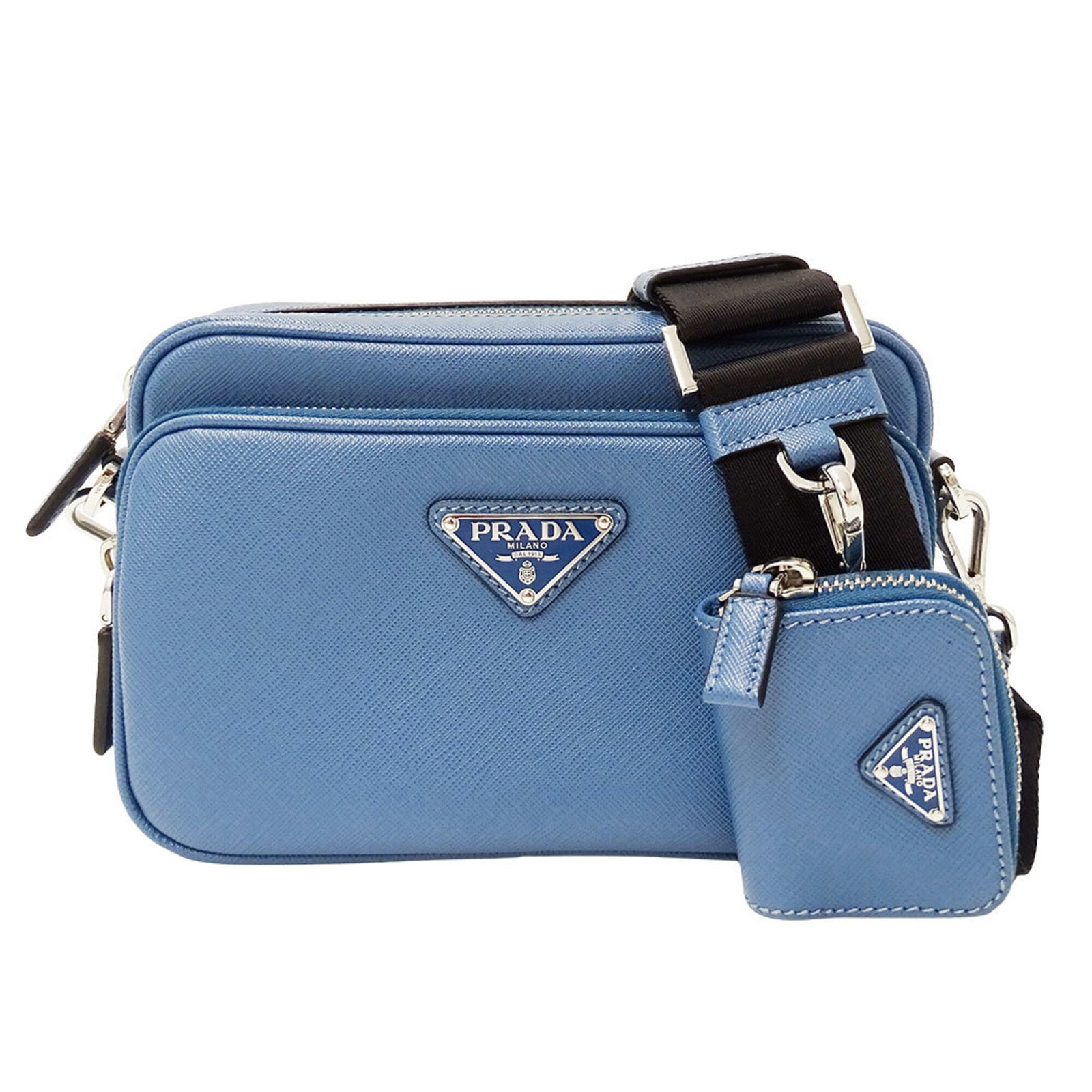 Handbag Pouch Saffiano Bag Shoulder: Handbag Pouch Saffiano Bag Shoulder Item Specifics: Brand: Prada Country of Origin: Italy MPN: 2VH170 Type: Handbag, Pouch, Shoulder bag Material: Saffiano Color: Light blue Gender: Women Size (HxWxD)