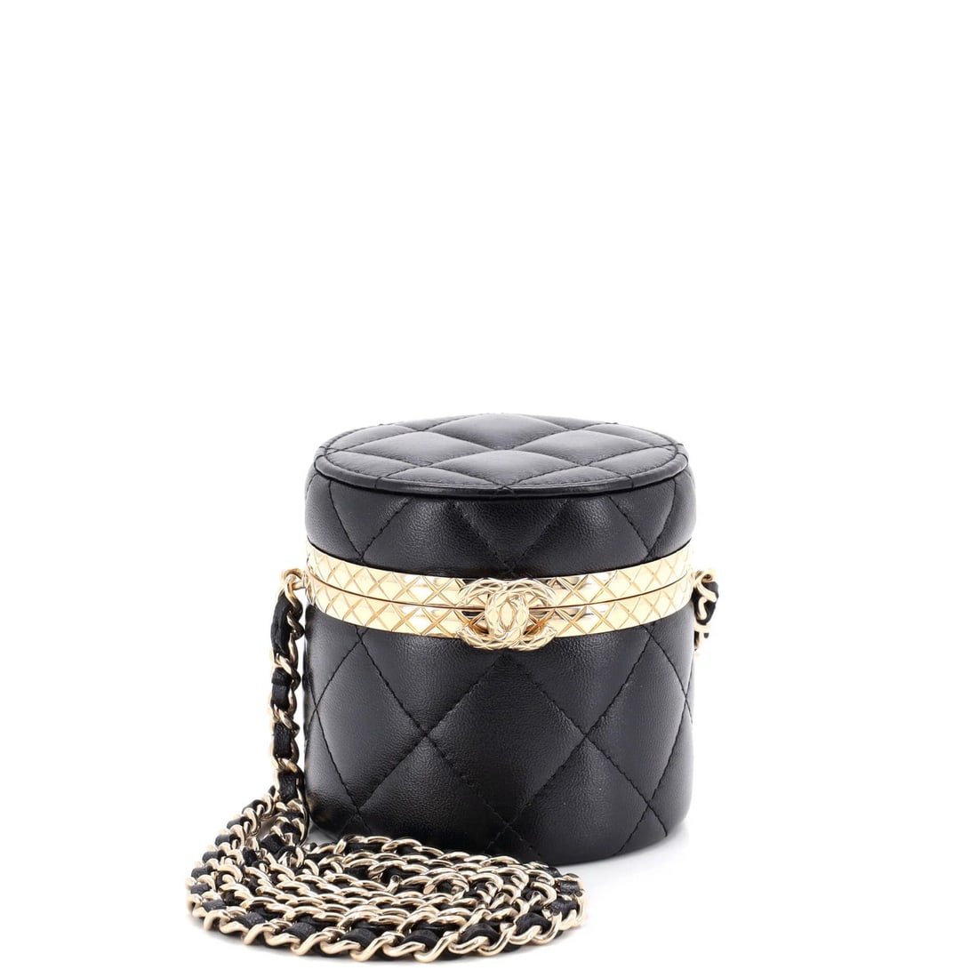 Chanel Lock Frame Round Vanity Case with Chain Quilted Lambskin Mini: Chanel Lock Frame Round Vanity Case with Chain Quilted Lambskin Mini Black leather Lock Frame Round Vanity Case with Chain Quilted Lambskin Mini from Chanel features a classic design with a