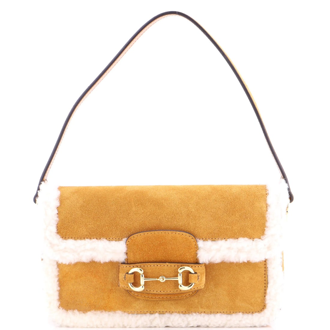 Horsebit Suede Bag 1955 Mini Shearling Gucci Shoulder: Horsebit Suede Bag 1955 Mini Shearling Gucci Shoulder The Horsebit 1955 Mini Shearling Gucci Shoulder Bag is a timeless piece of luxury, boasting a rich brown shearling suede exterior and sleek leathe