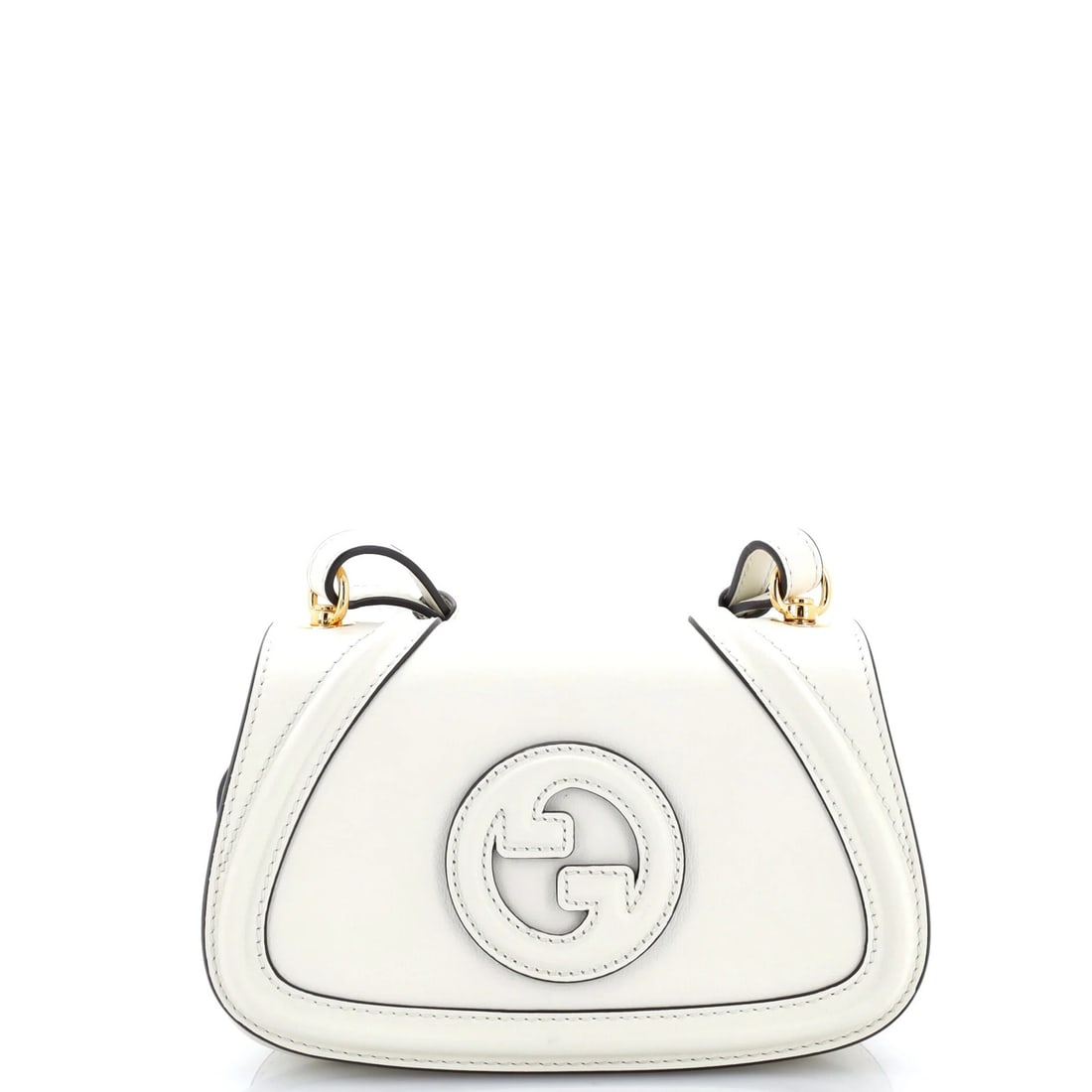Blondie Leather Mini Crossbody Gucci Bag NM: Blondie Leather Mini Crossbody Gucci Bag NM White leather mini crossbody bag from Gucci's Blondie collection, featuring a neutral interior and gold hardware. The bag boasts a classic mini size with a