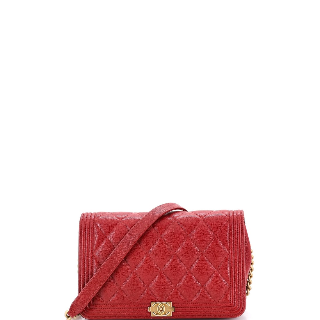 Quilted Caviar Boy Wallet Chain on Chanel: Quilted Caviar Boy Wallet Chain on Chanel Quilted Caviar Boy Wallet Chain on Chanel is a unique, red leather cross body bag with a quilted caviar exterior. The bag features a 10" handle drop, 5" heigh