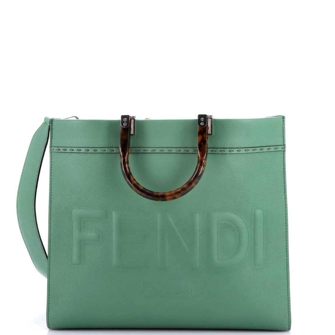 Tote shopper medium leather Fendi: Tote shopper medium leather Fendi Medium Fendi Leather Tote in Green with Suede Interior and Silver Hardware. This Sunshine Shopper Tote features a classic design with a medium size and green