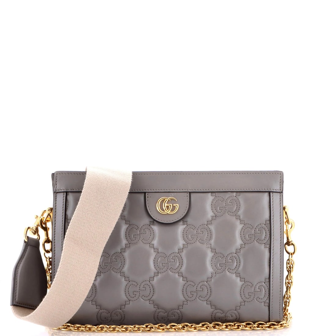 Small Matelasse Leather Gucci GG Shoulder Bag: Small Matelasse Leather Gucci GG Shoulder Bag Small Matelasse Leather Gucci GG Shoulder Bag in Gray features a classic design with a neutral interior and gold hardware. The exterior shows signs of