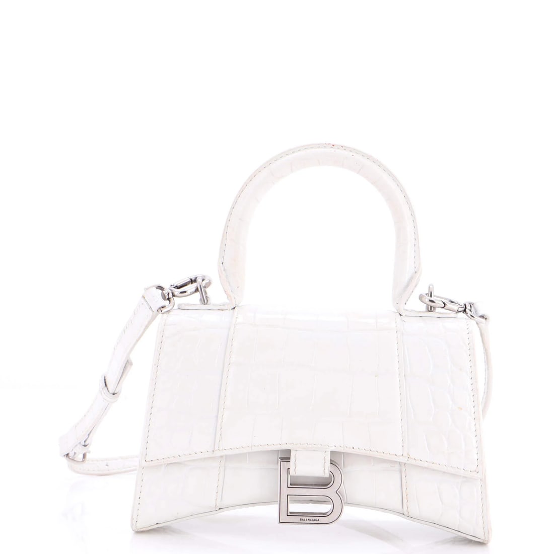 XS Crocodile Embossed Leather Top Handle Bag Hourglass Balenciaga: XS Crocodile Embossed Leather Top Handle Bag Hourglass Balenciaga XS Crocodile Embossed Leather Top Handle Bag Hourglass Balenciaga features a striking white exterior with heavy discoloration and scuf