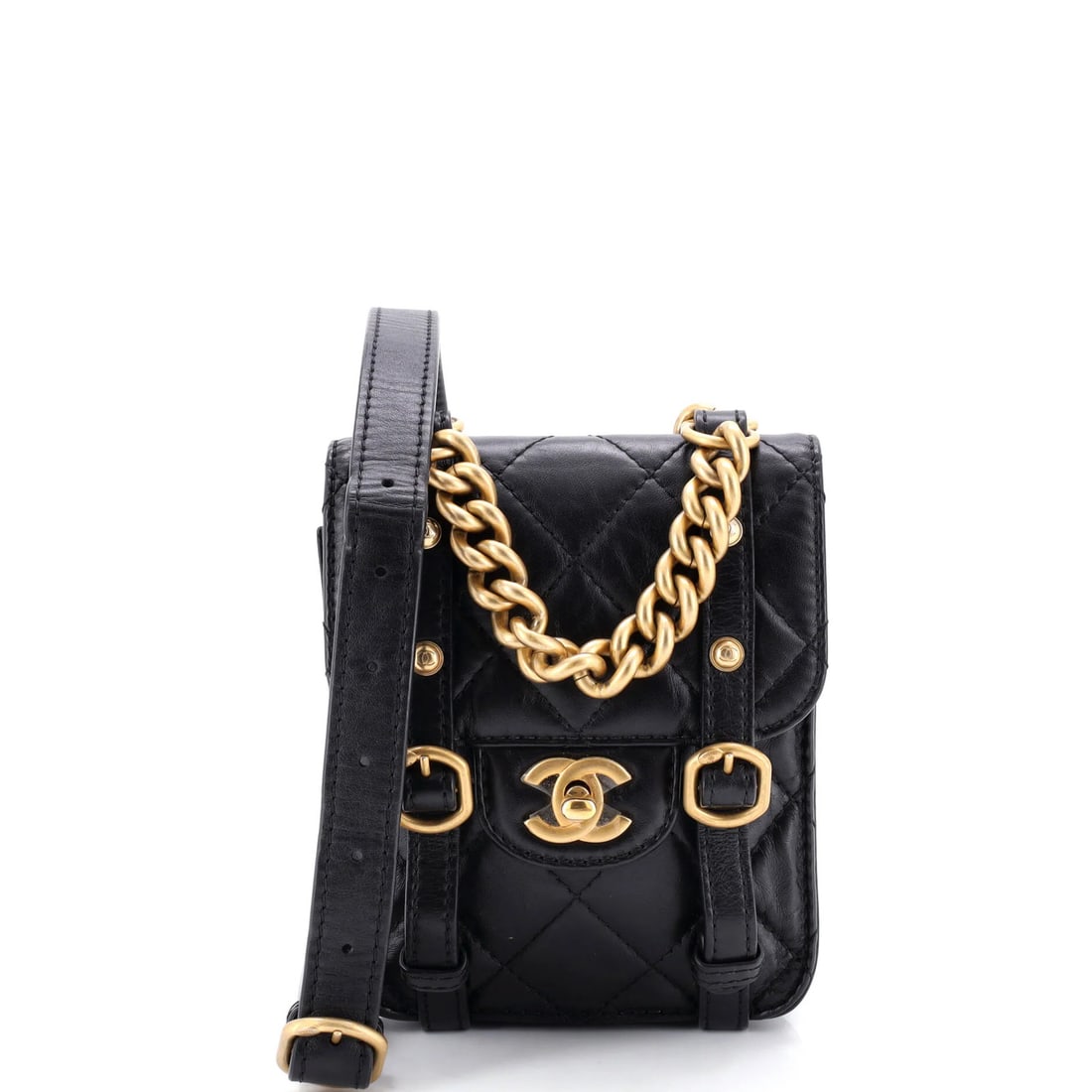 Aged Calfskin Quilted Mini Messenger Flap City Bag Chanel: Aged Calfskin Quilted Mini Messenger Flap City Bag Chanel Aged Calfskin Quilted Mini Messenger Flap City Bag in Black Leather. This Chanel City School Flap Messenger Bag features quilted aged