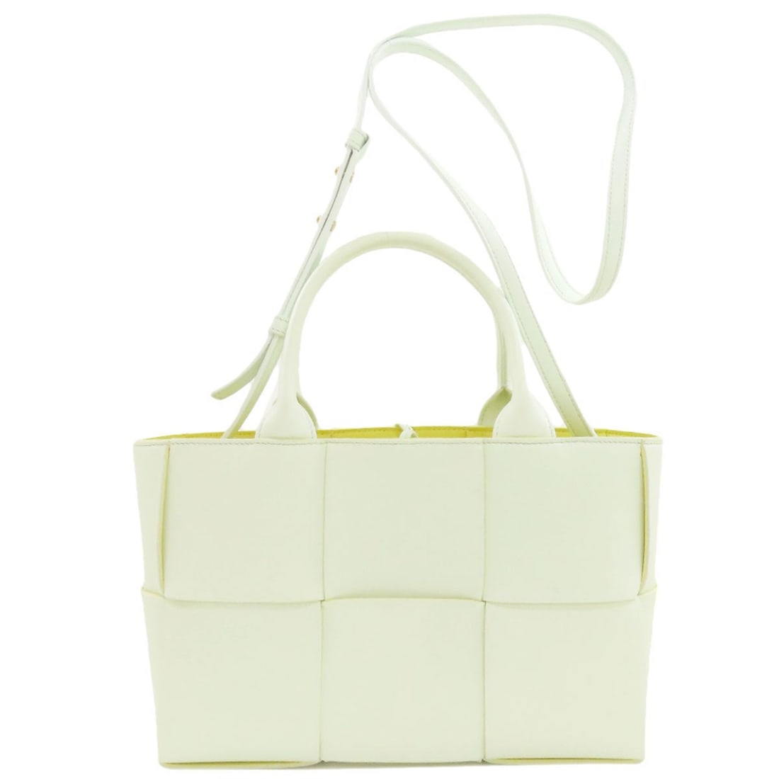 Bottega Veneta Arco 2Way Handbag Calf: Bottega Veneta Arco 2Way Handbag Calf White Bottega Veneta Arco 2Way Handbag with Calf Leather, featuring a detachable strap and open closure, measures 6.5 inches in height and 3.5 inches in depth,