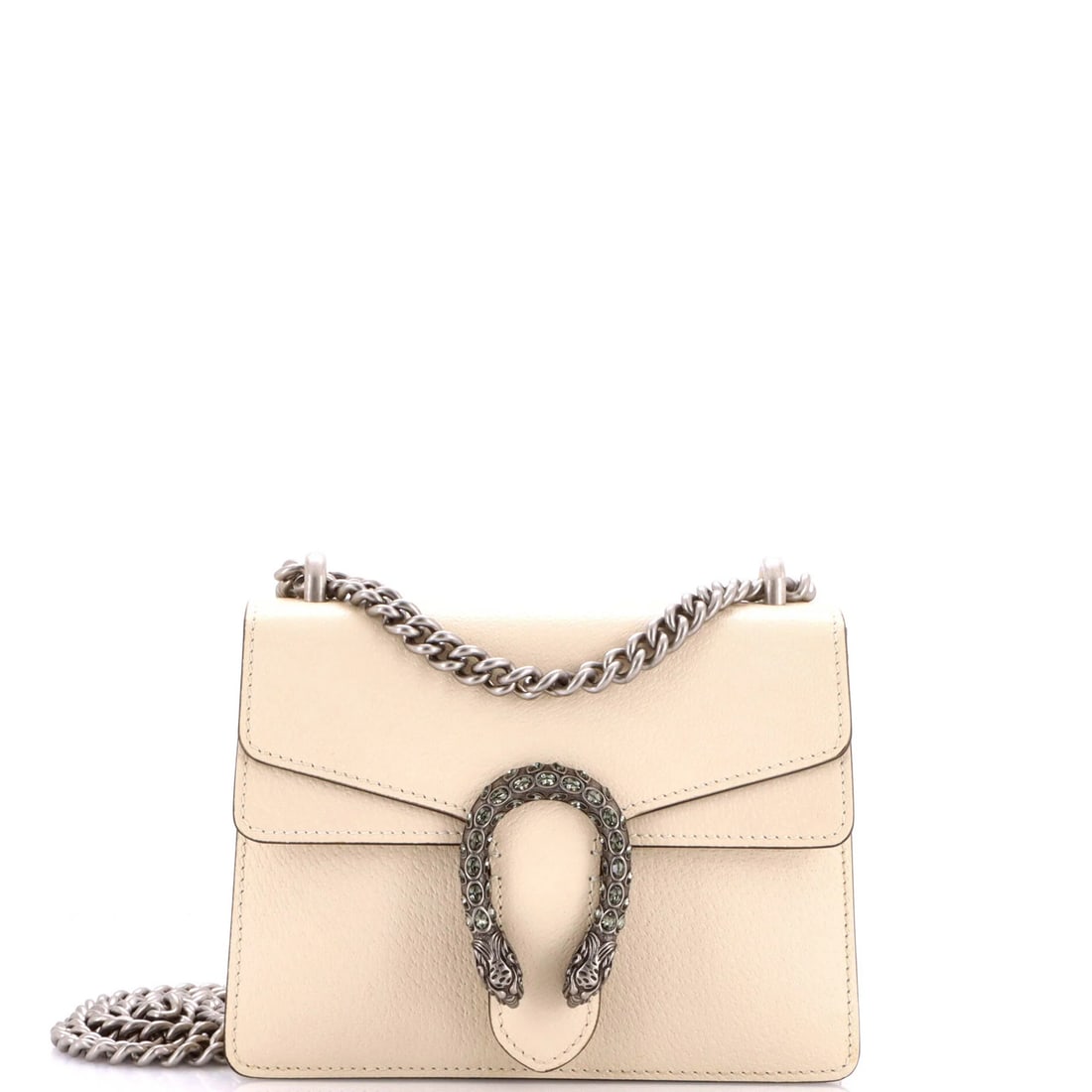 Dionysus Bag Leather Mini Gucci: Dionysus Bag Leather Mini Gucci This neutral white Dionysus Bag Leather Mini Gucci features a classic cross body design with a 24" strap drop and 13" handle drop. The bag measures 6" tall, 8" wide,