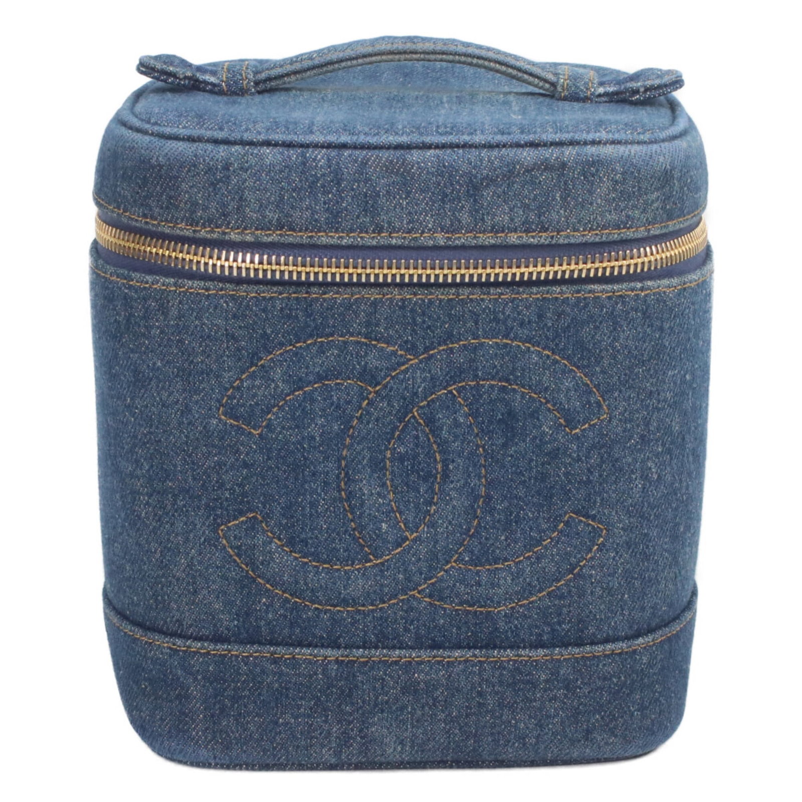 Denim Handbag Chanel: Denim Handbag Chanel Denim Handbag from Chanel boasts a unique denim material and gold hardware, setting it apart from other handbags. With its compact size and gold accents, this handbag is a
