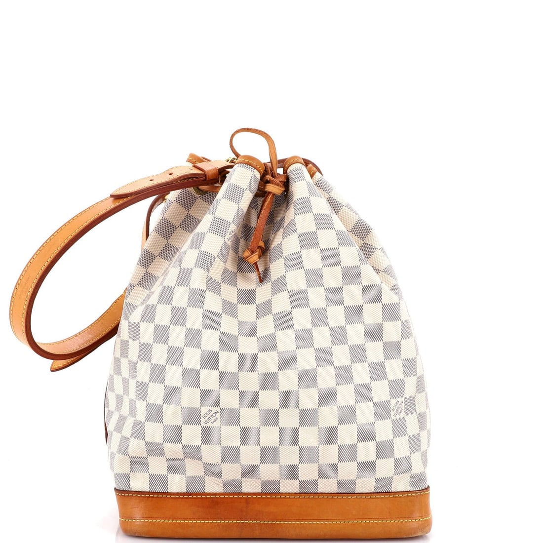Vuitton Louis Noe Damier Handbag Large: Vuitton Louis Noe Damier Handbag Large White canvas coated exterior with brown and white Damier print, a classic Louis Vuitton design. This large Noe handbag features a sturdy canvas construction and