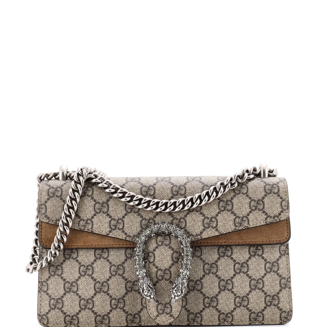 Gucci GG Coated Canvas Small Bag Dionysus Embellished with Crystal Metal: Gucci GG Coated Canvas Small Bag Dionysus Embellished with Crystal Metal Brown GG Coated Canvas Small Dionysus Bag with Crystal Metal Embellishments. This Gucci small shoulder bag features a canvas ex