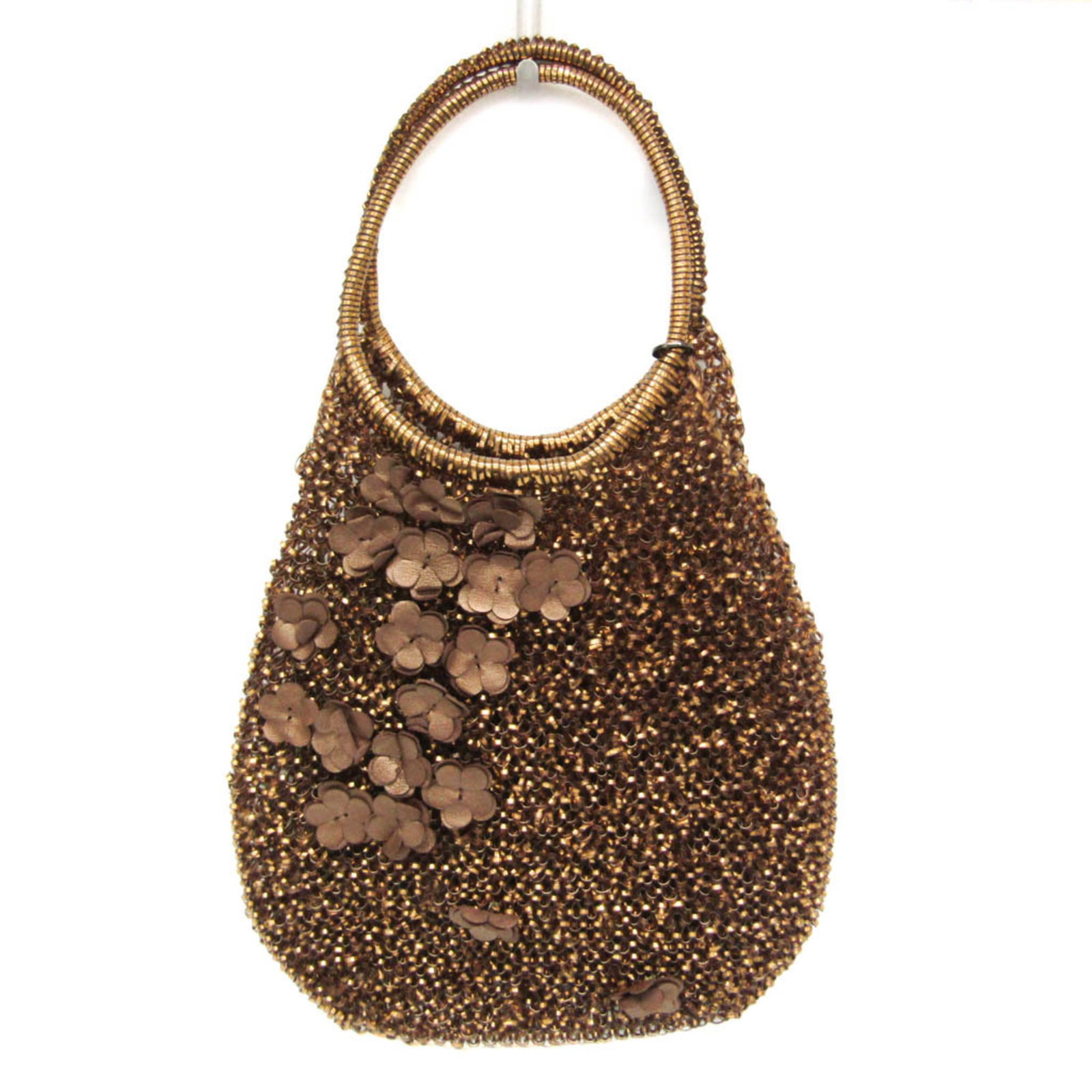 Wire Handbag Anteprima: Wire Handbag Anteprima Bronze wire handbag with a brown opening and closure, measuring 26cm x 18cm x 2cm, features a 30cm handle drop and weighs 420g. The item's unique design showcases a