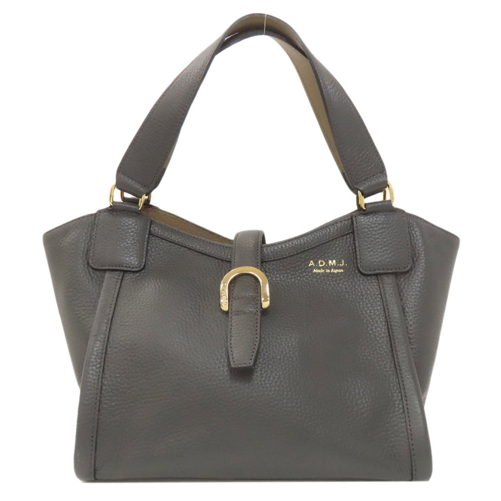 A.D.M.J Handbag Leather: A.D.M.J Handbag Leather The A.D.M.J Handbag Leather is a stylish and compact gray leather handbag, measuring 21cm x 25.5cm x 20cm. This sleek design features a durable leather material that is both