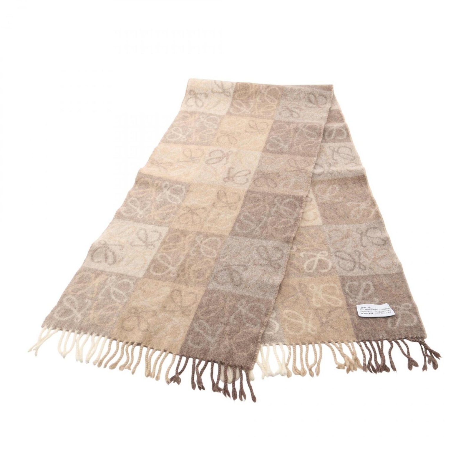 Loewe Cashmere Wool Shawl: Loewe Cashmere Wool Shawl Soft and luxurious, this Loewe cashmere wool shawl is crafted from the finest materials, boasting a classic beige and brown color combination. Measuring 1.62m x 31.5cm, it of